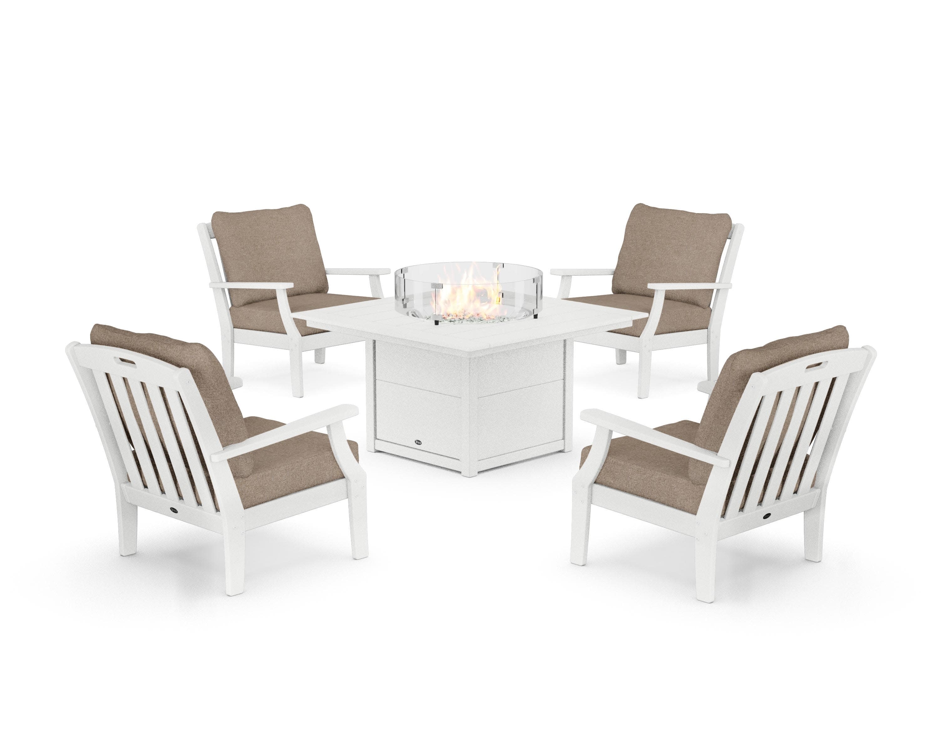 Yacht Club 5-Piece Deep Seating Set with Square Fire Pit Table in Classic White / Spiced Burlap