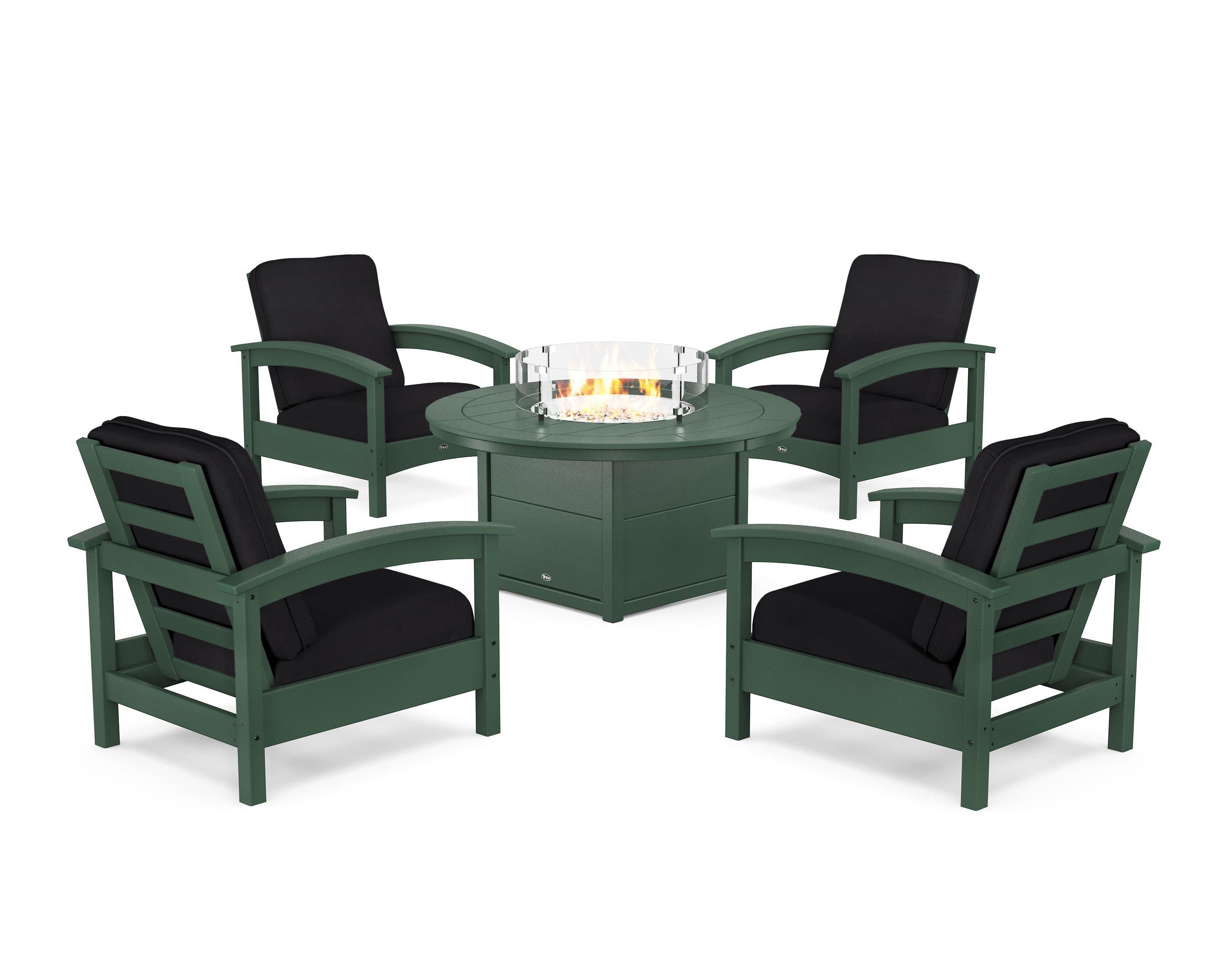 Rockport 5-Piece Deep Seating Set with Round Fire Pit Table in Rainforest Canopy / Midnight Linen