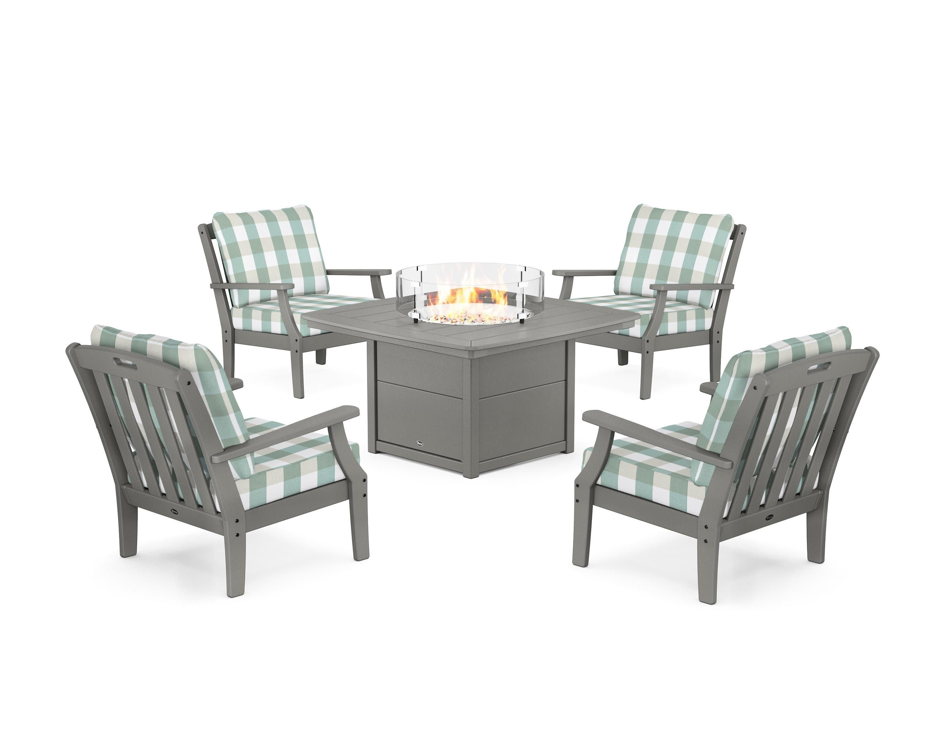 Yacht Club 5-Piece Deep Seating Set with Fire Pit Table in Stepping Stone / Buffalo Plaid Glacier Spa
