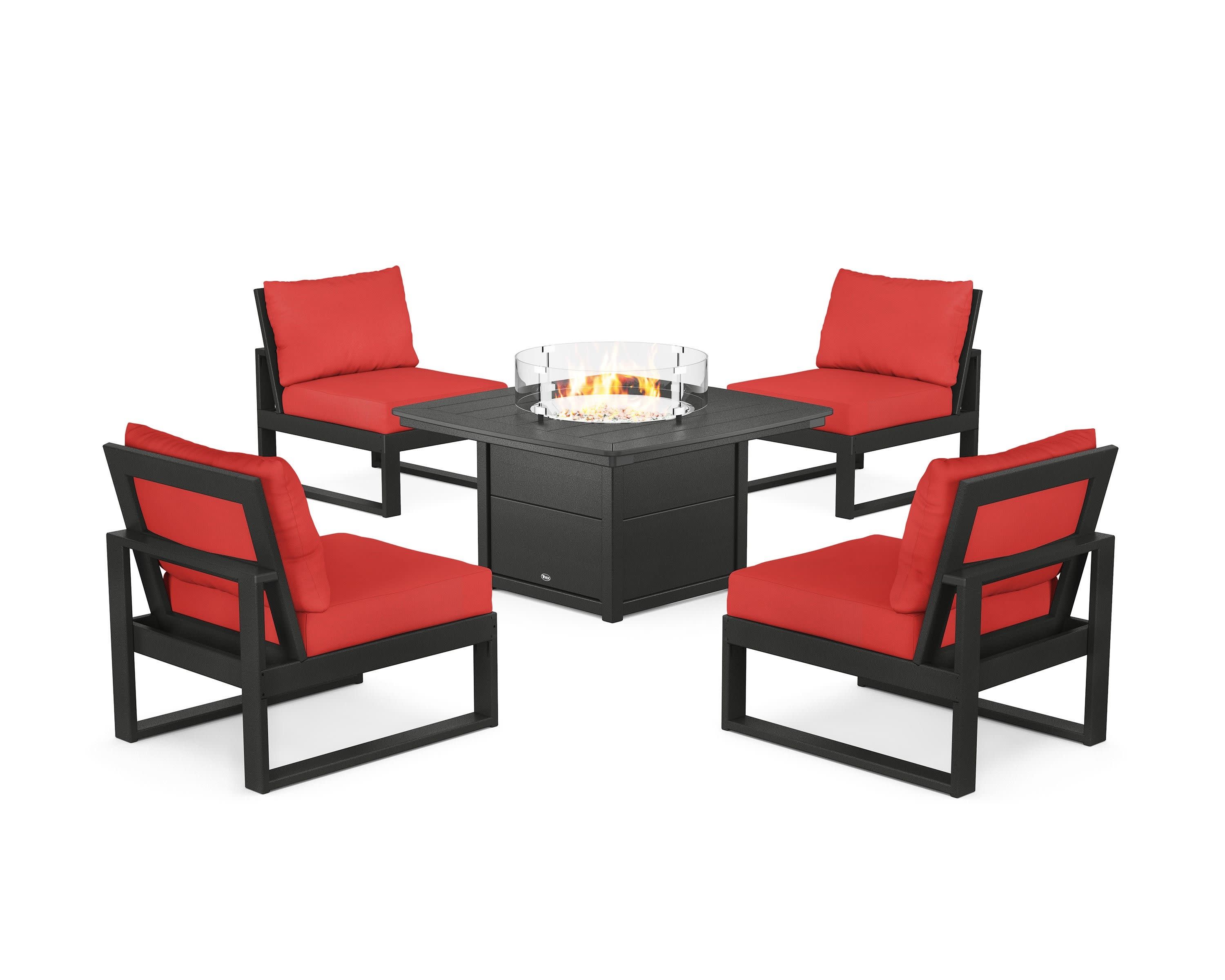 Eastport Modular 5-Piece Deep Seating Set with Yacht Club Fire Pit Table in Charcoal Black / Crimson Linen