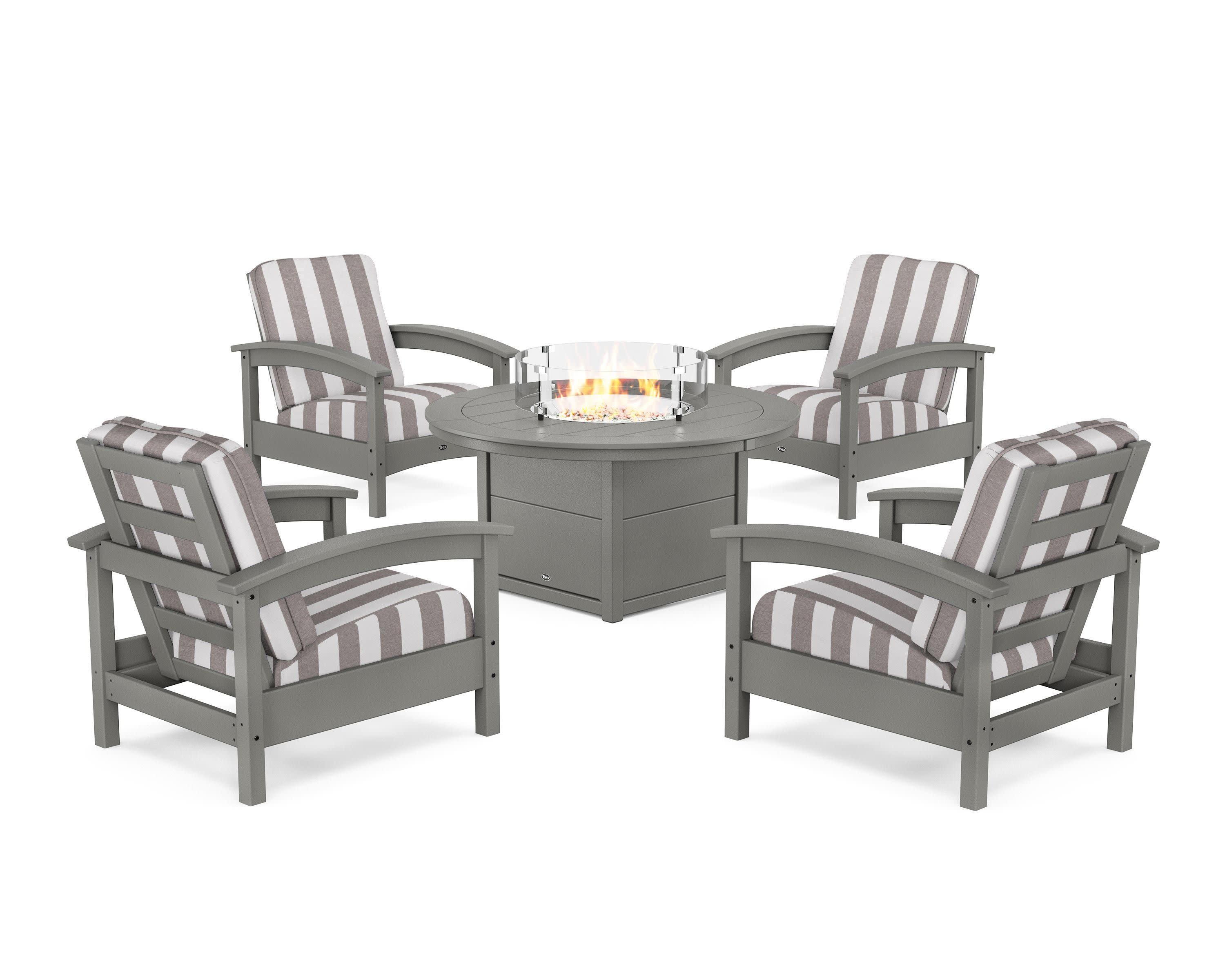 Rockport 5-Piece Deep Seating Set with Round Fire Pit Table in Stepping Stone / Cabana Stripe Grey Mist