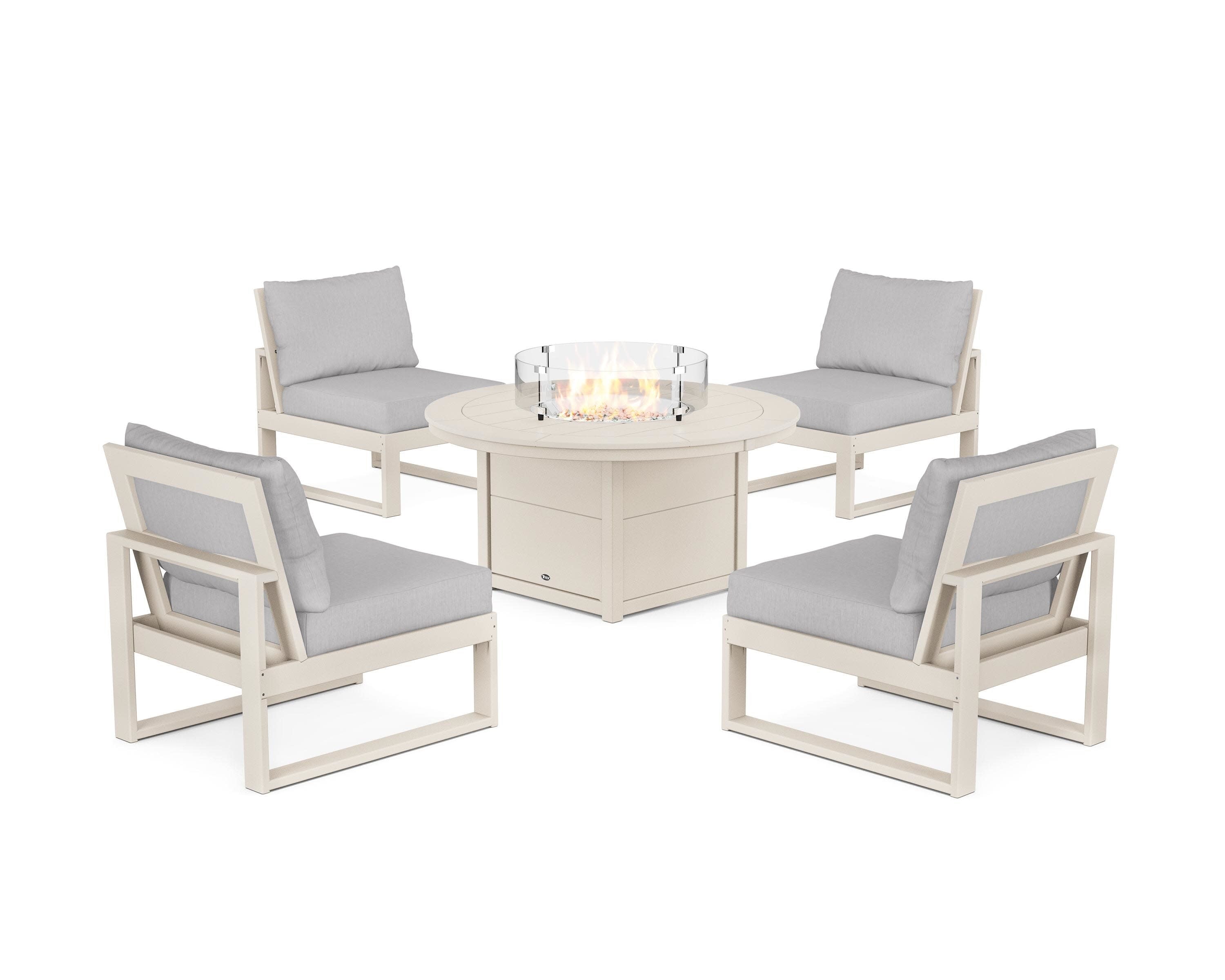 Eastport Modular 5-Piece Deep Seating Set with Round Fire Pit Table in Sand Castle / Granite
