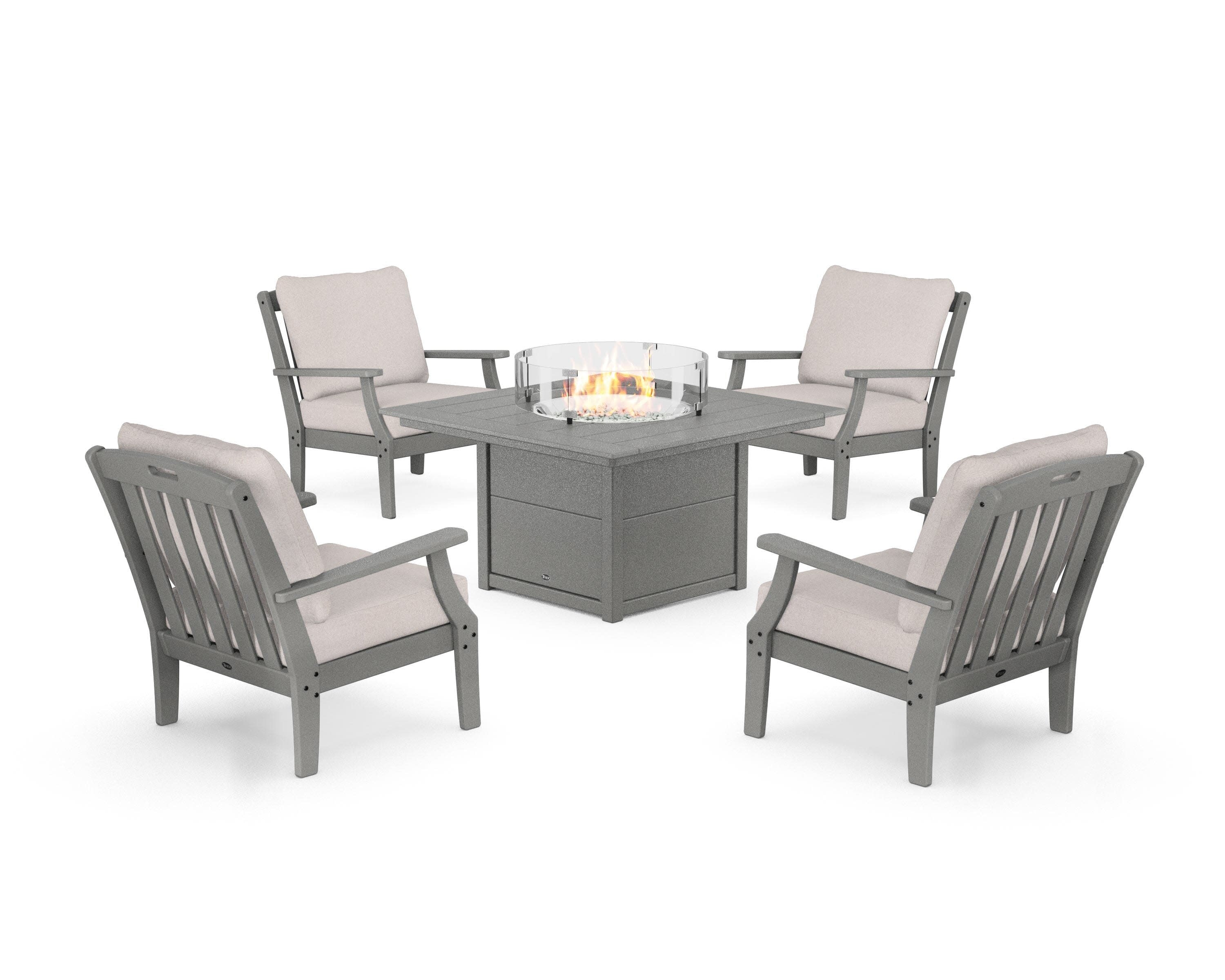 Yacht Club 5-Piece Deep Seating Set with Square Fire Pit Table in Stepping Stone / Dune Burlap