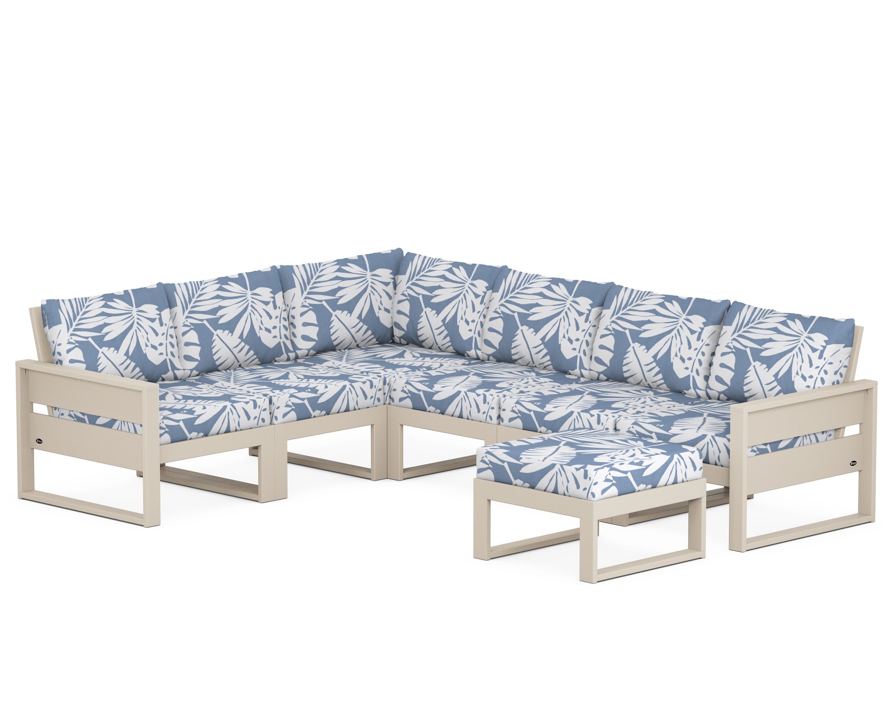 Eastport 6-Piece Sectional with Ottoman in Sand Castle / Leaf Sky Blue