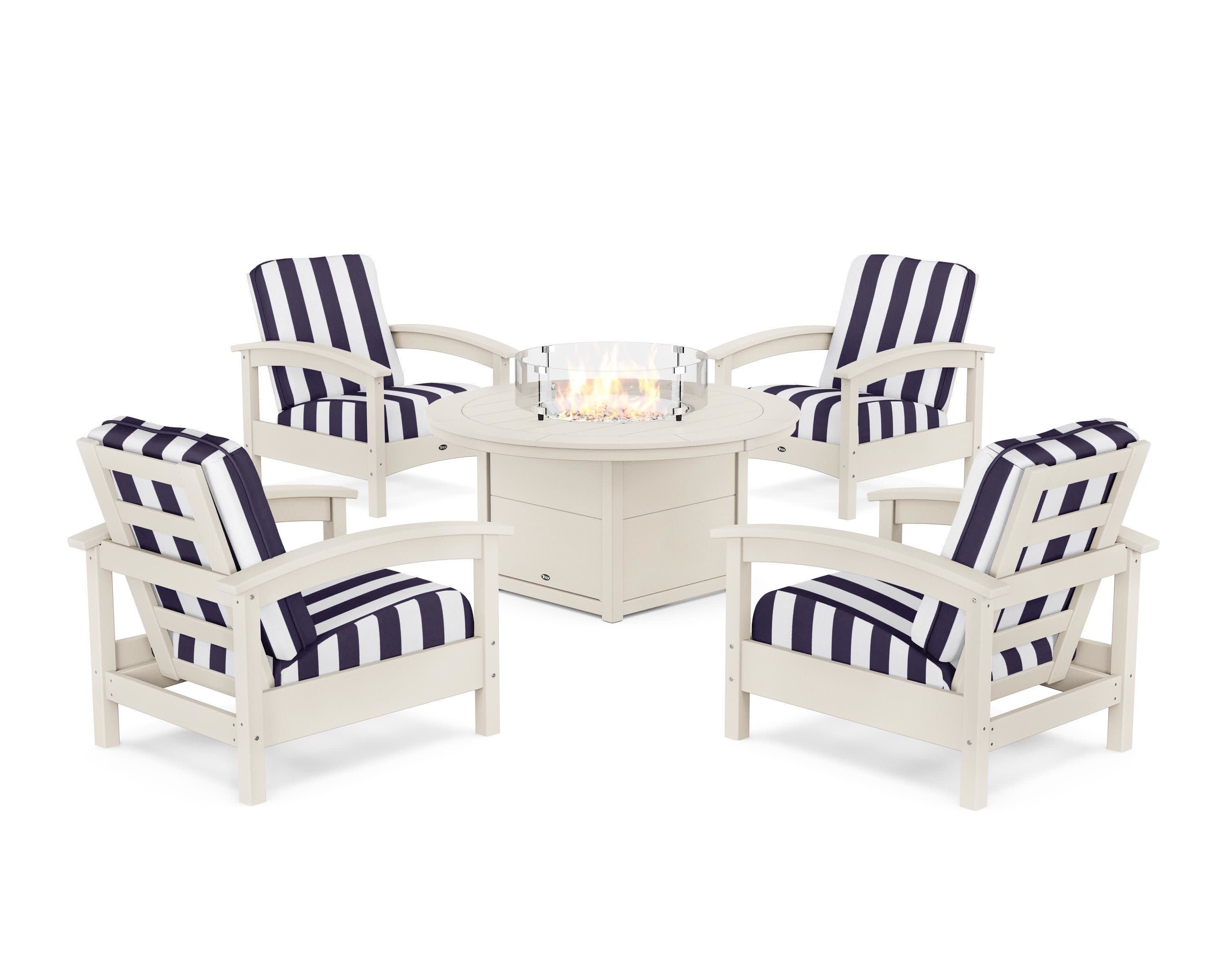Rockport 5-Piece Deep Seating Set with Round Fire Pit Table in Sand Castle / Cabana Stripe Navy