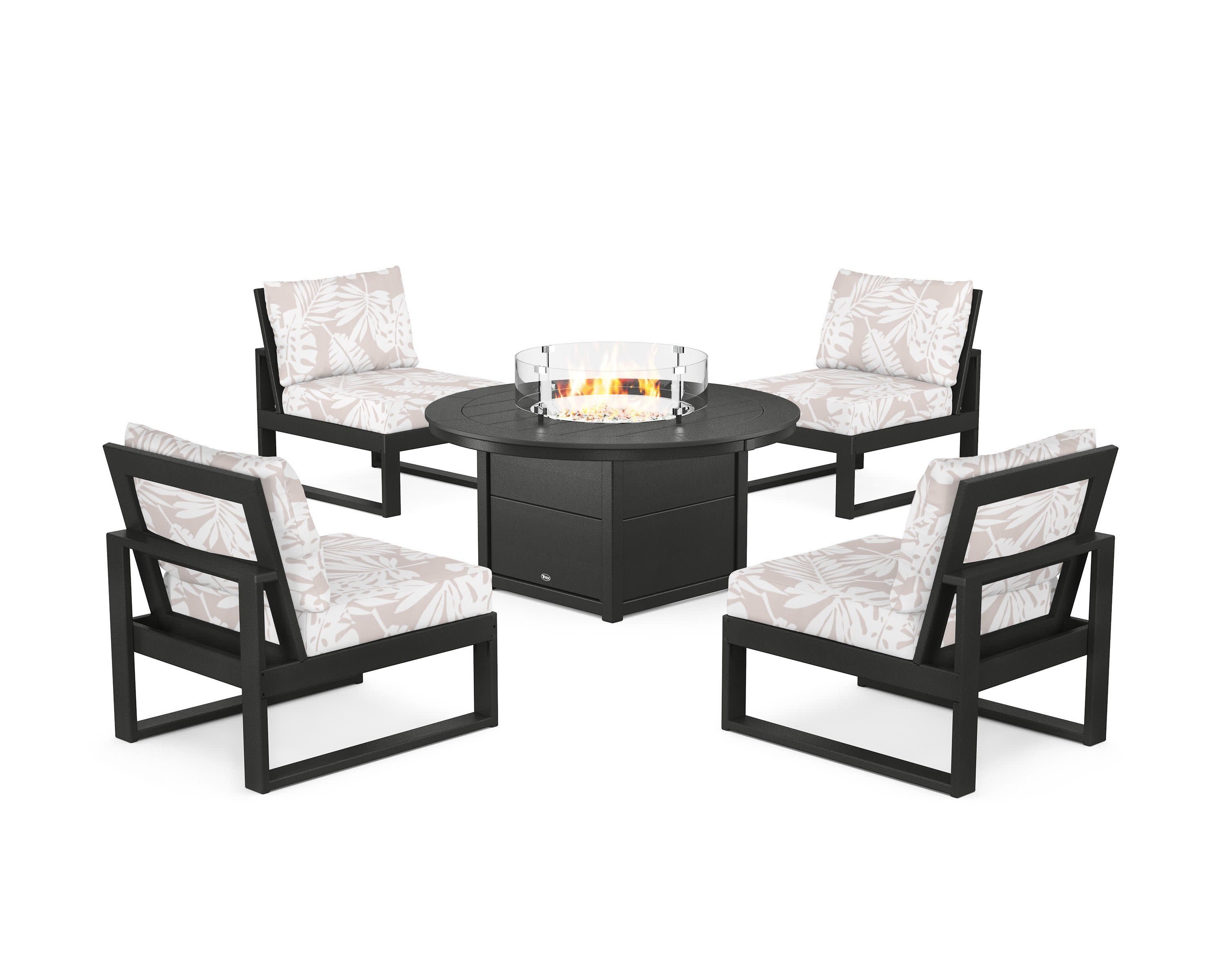 Eastport Modular 5-Piece Deep Seating Set with Round Fire Pit Table in Charcoal Black / Leaf Dune Burlap