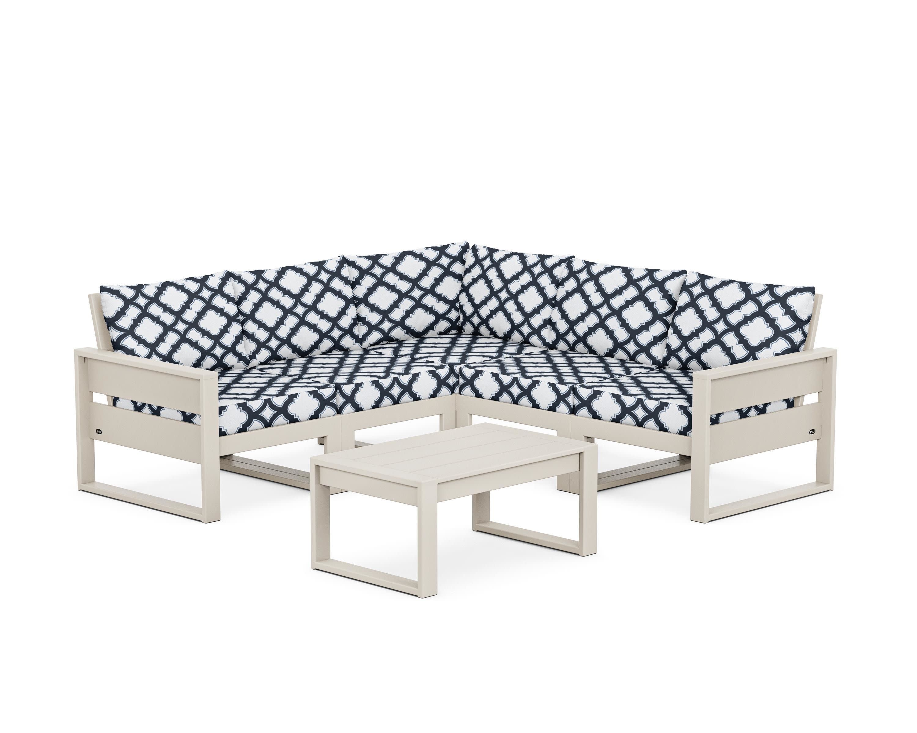 Eastport 6-Piece Deep Seating Sectional + Coffee Table Set in Sand Castle / Trellis Marine Indigo