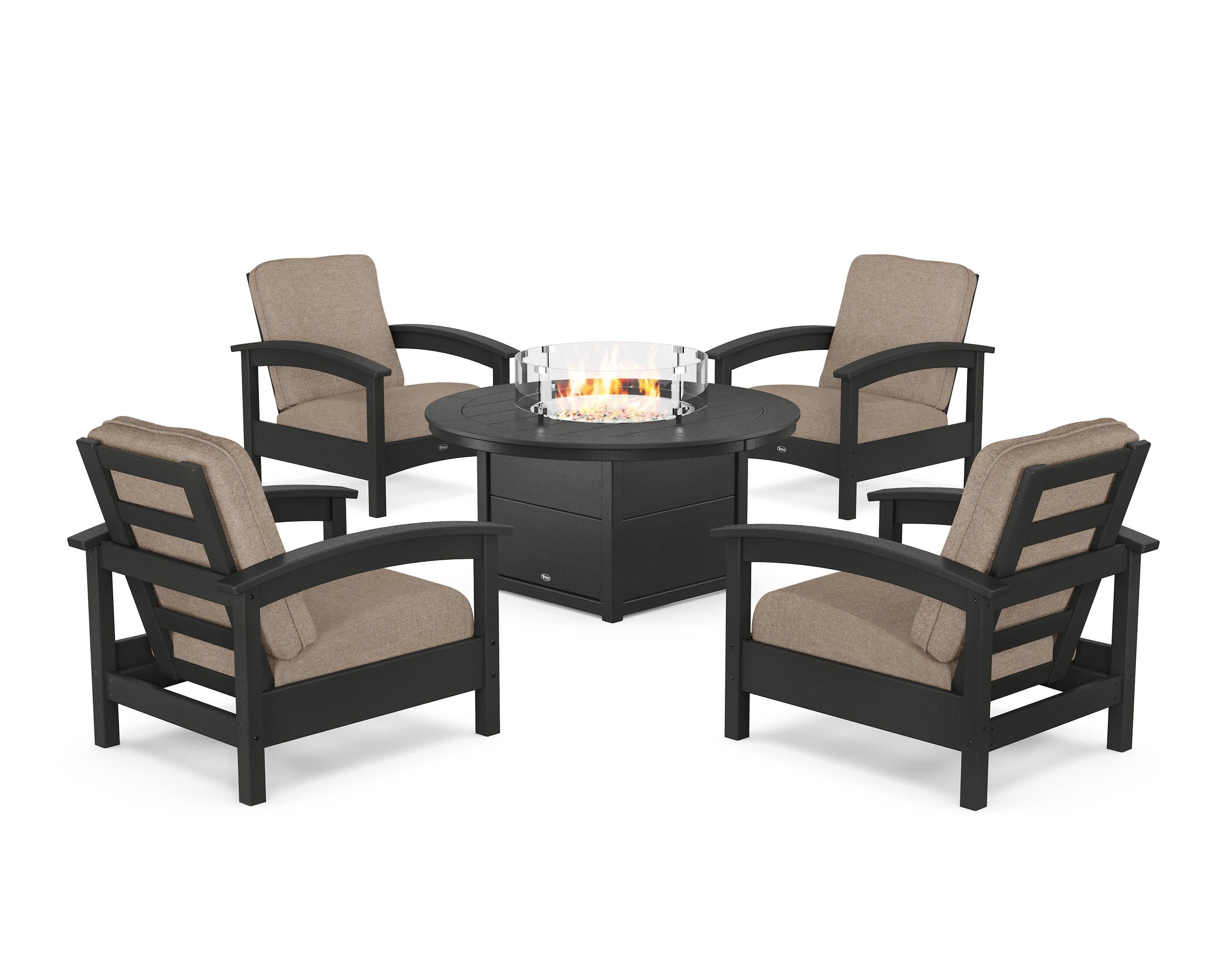 Rockport 5-Piece Deep Seating Set with Round Fire Pit Table in Charcoal Black / Spiced Burlap