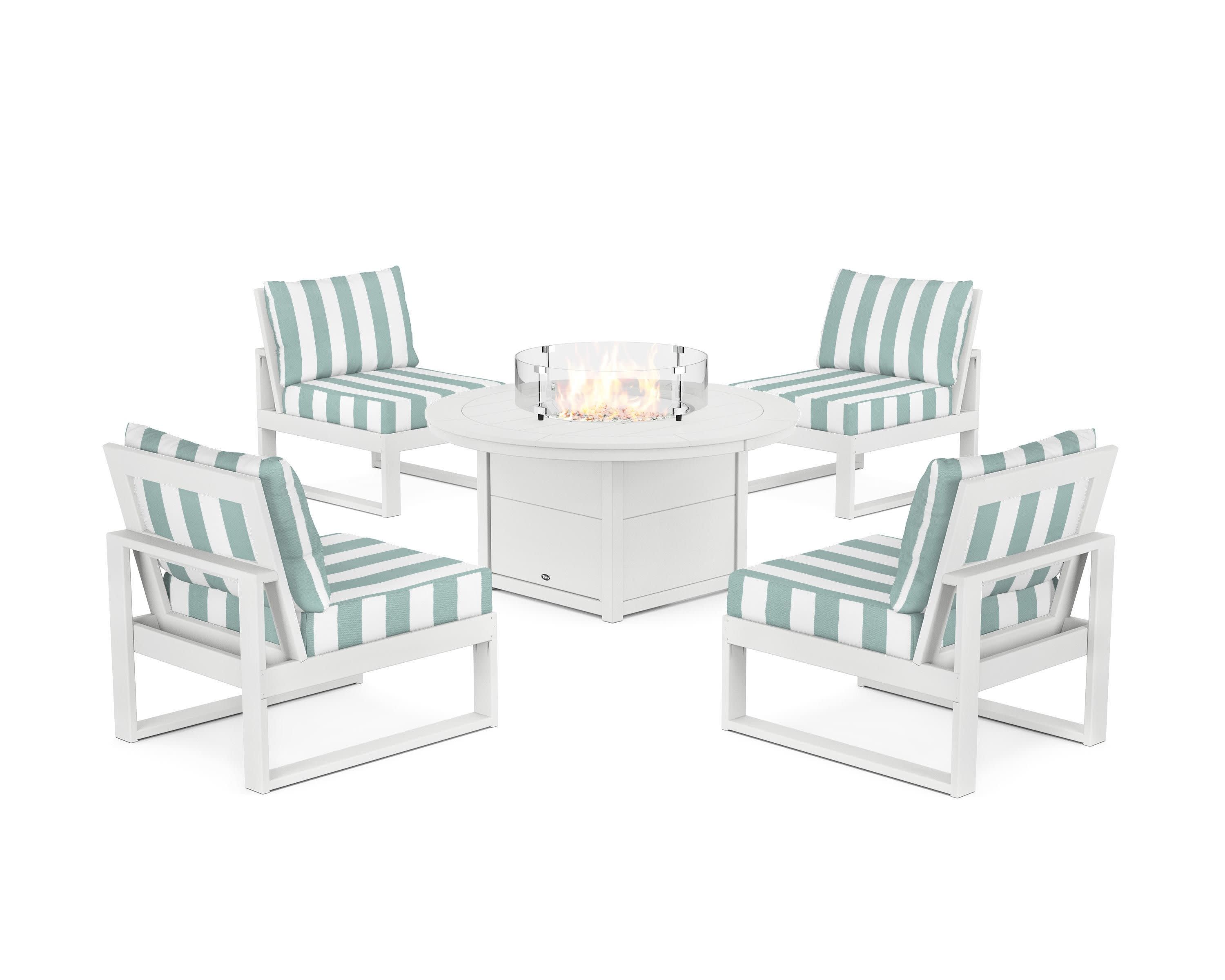Eastport Modular 5-Piece Deep Seating Set with Round Fire Pit Table in Classic White / Cabana Stripe Glacier Spa