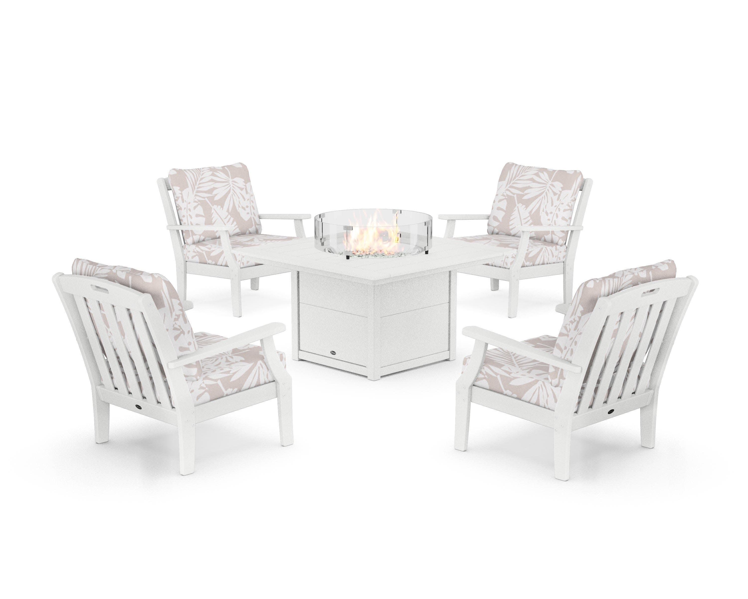 Yacht Club 5-Piece Deep Seating Set with Square Fire Pit Table in Classic White / Leaf Dune Burlap