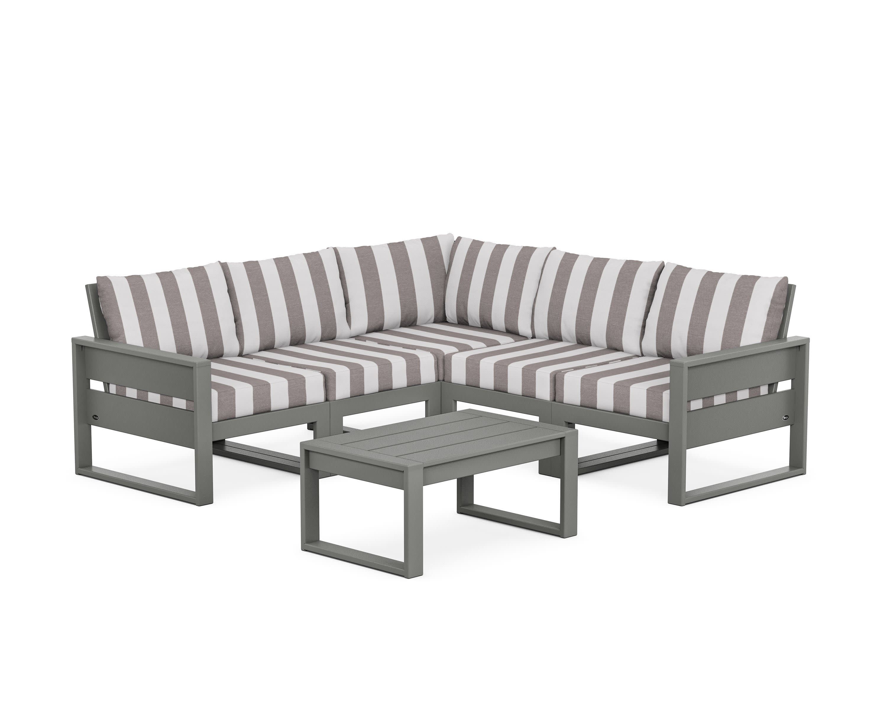 Eastport 6-Piece Deep Seating Sectional + Coffee Table Set in Stepping Stone / Cabana Stripe Grey Mist