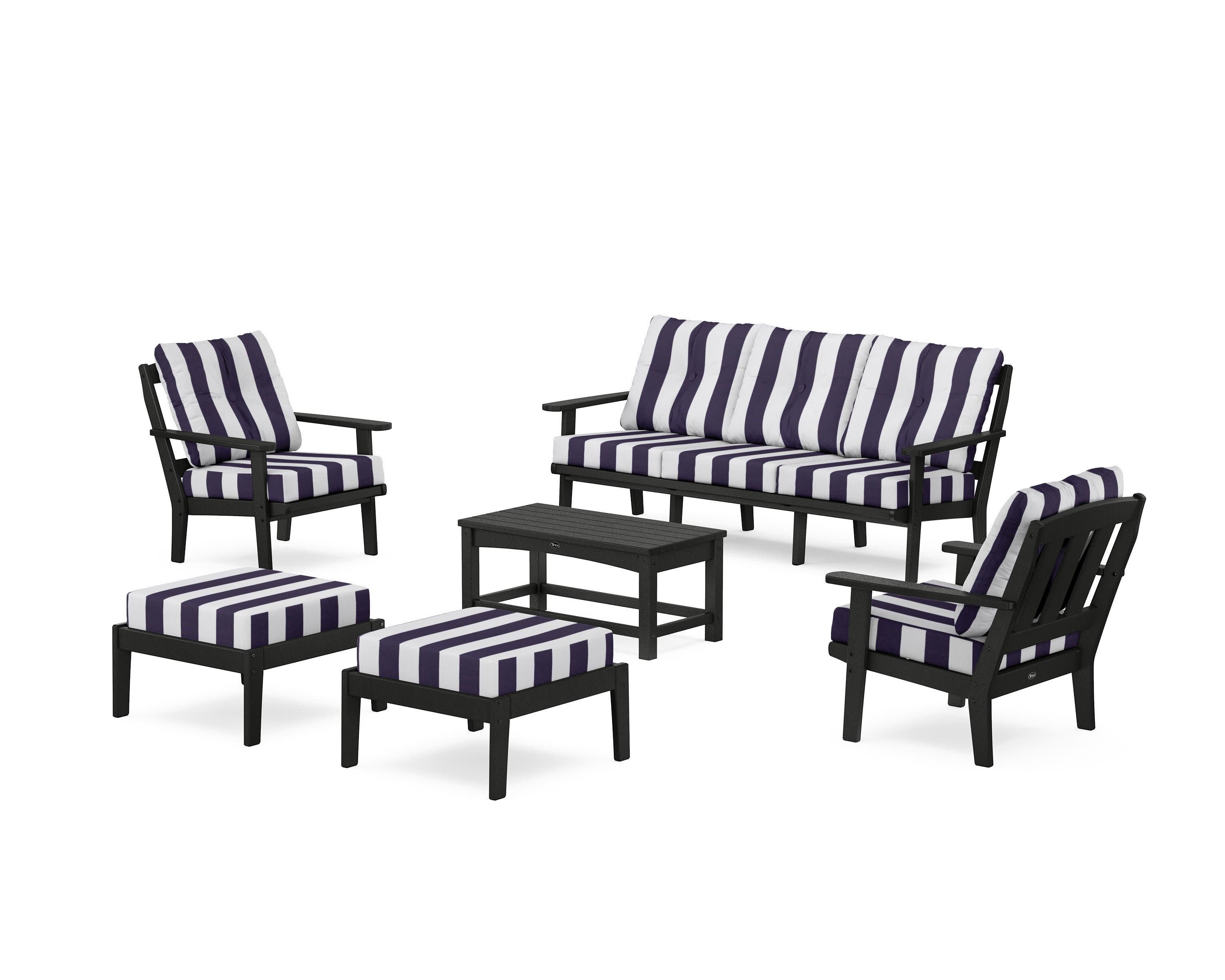 Cape Cod 6-Piece Lounge Sofa Set in Charcoal Black / Cabana Stripe Navy