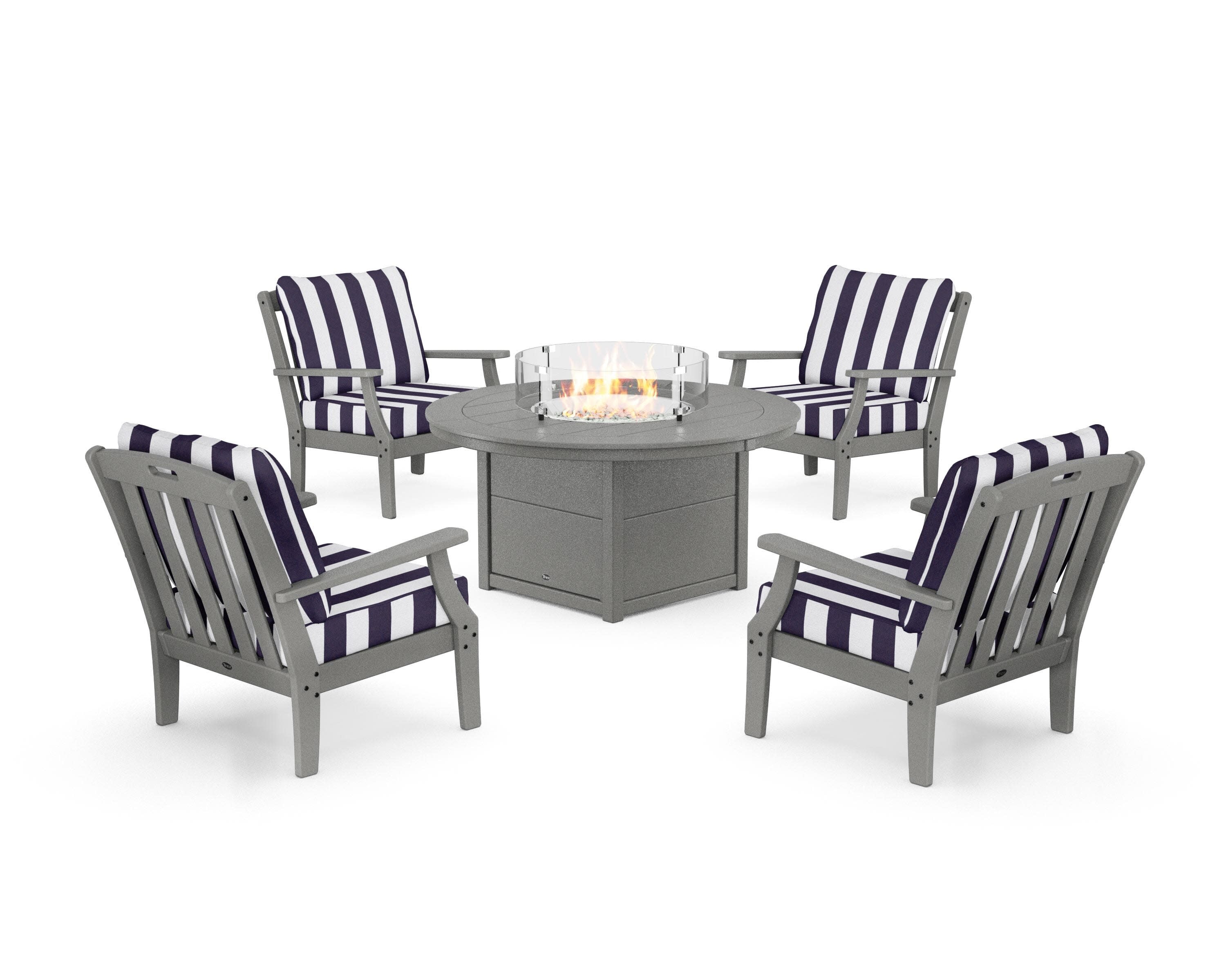 Yacht Club 5-Piece Deep Seating Set with Round Fire Pit Table in Stepping Stone / Cabana Stripe Navy