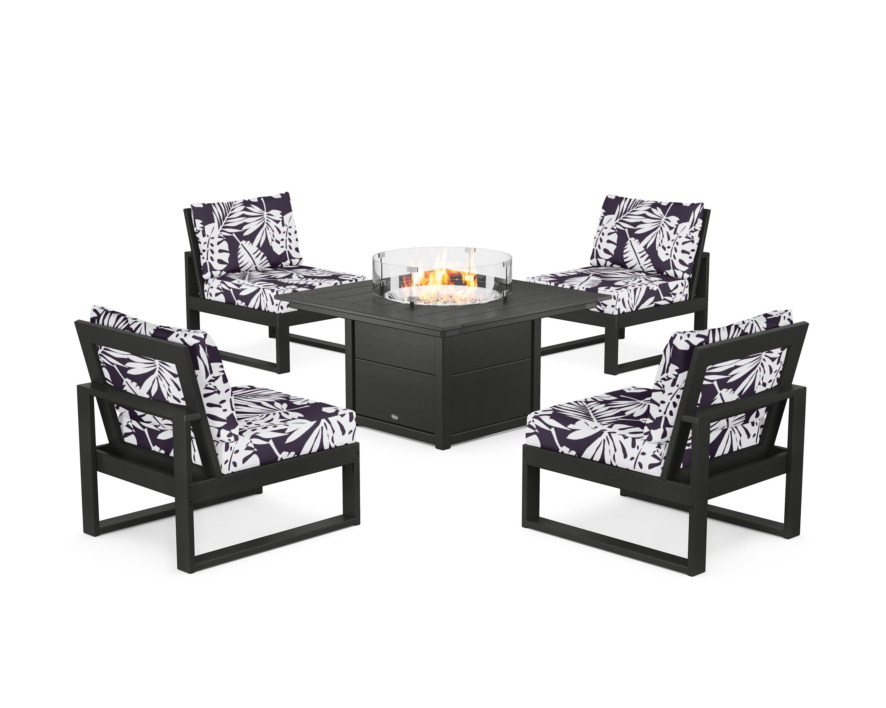 Eastport Modular 5-Piece Deep Seating Set with Square Fire Pit Table in Charcoal Black / Leaf Navy