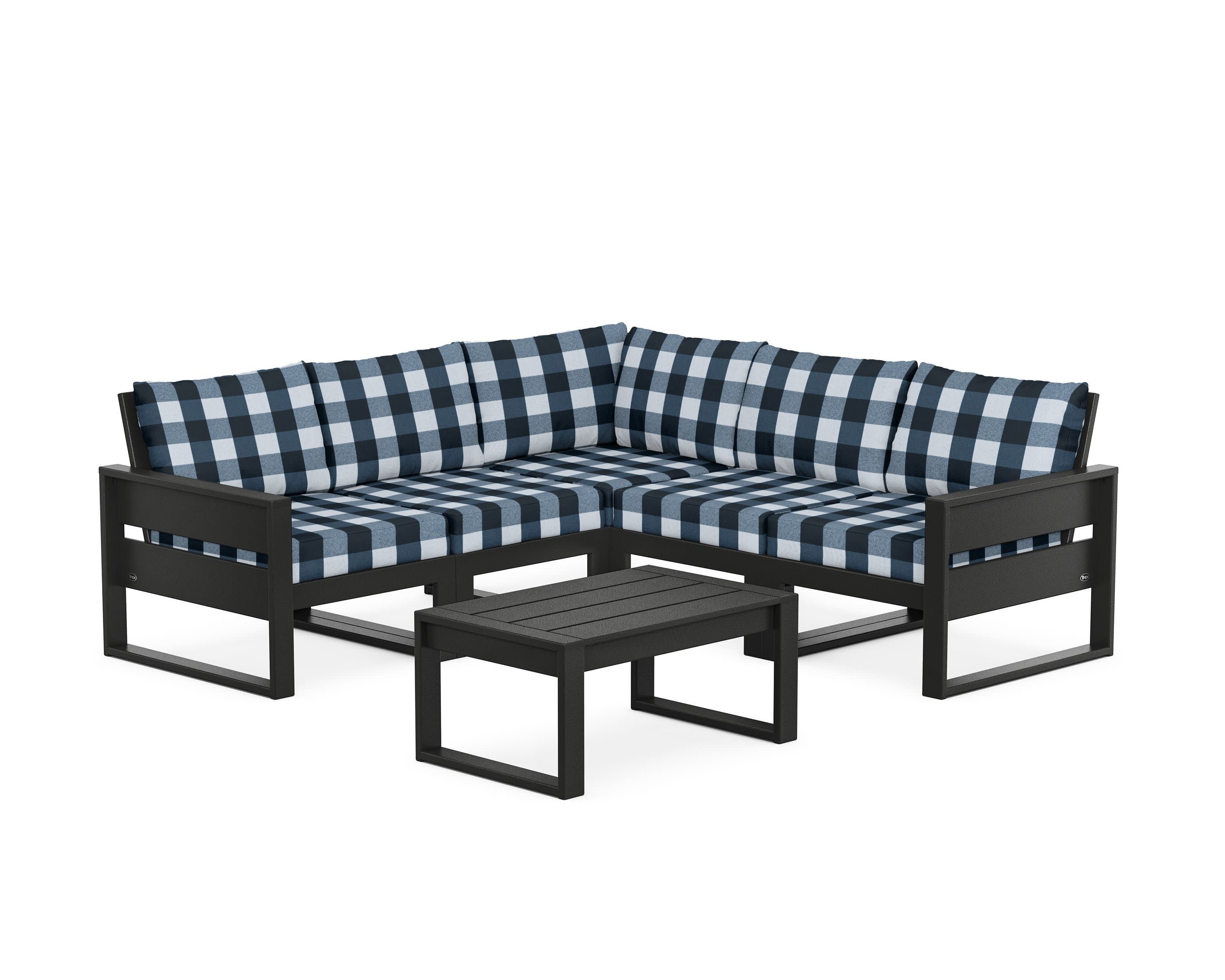 Eastport 6-Piece Deep Seating Sectional + Coffee Table Set in Charcoal Black / Buffalo Plaid Marine Indigo