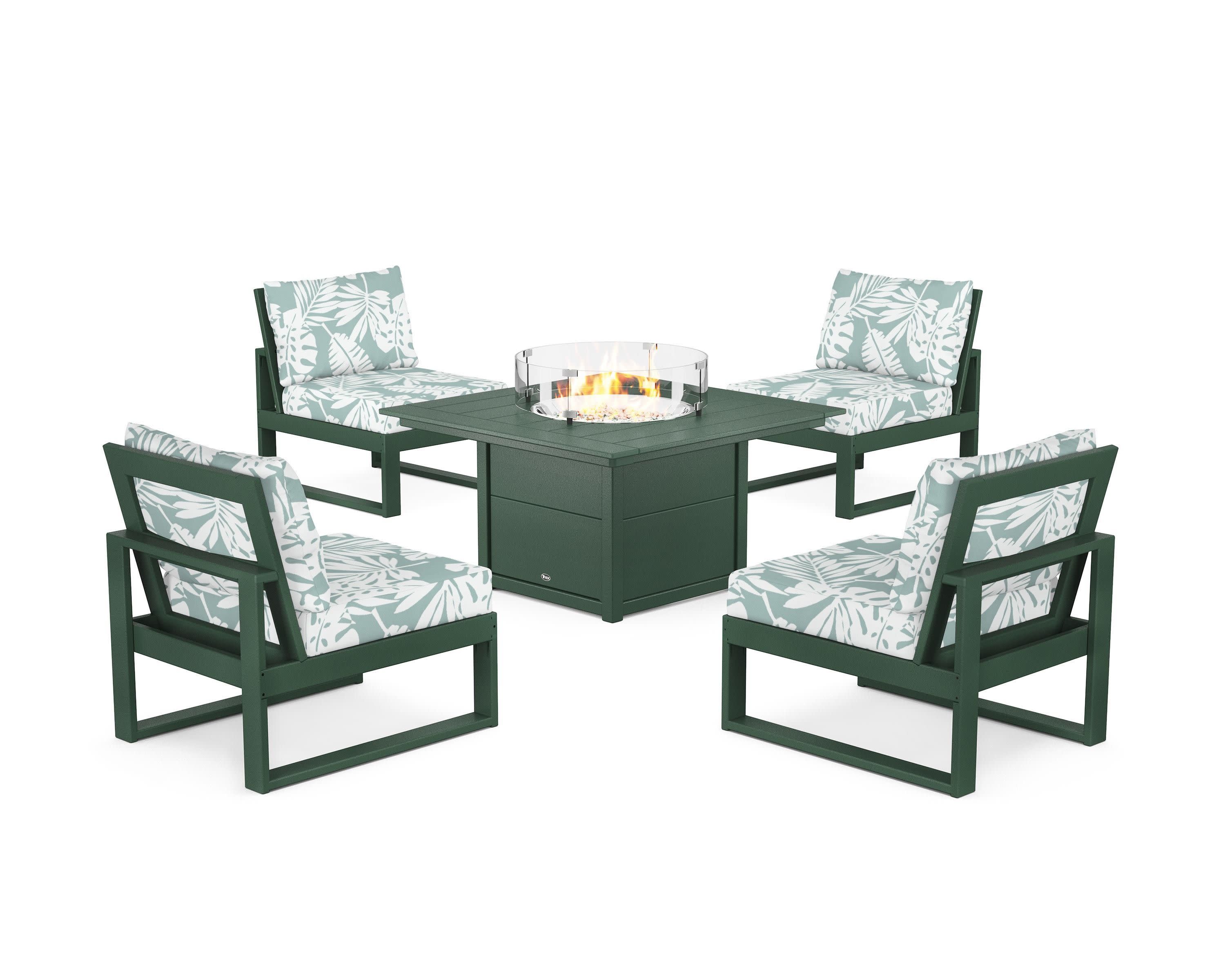 Eastport Modular 5-Piece Deep Seating Set with Square Fire Pit Table in Rainforest Canopy / Leaf Glacier Spa