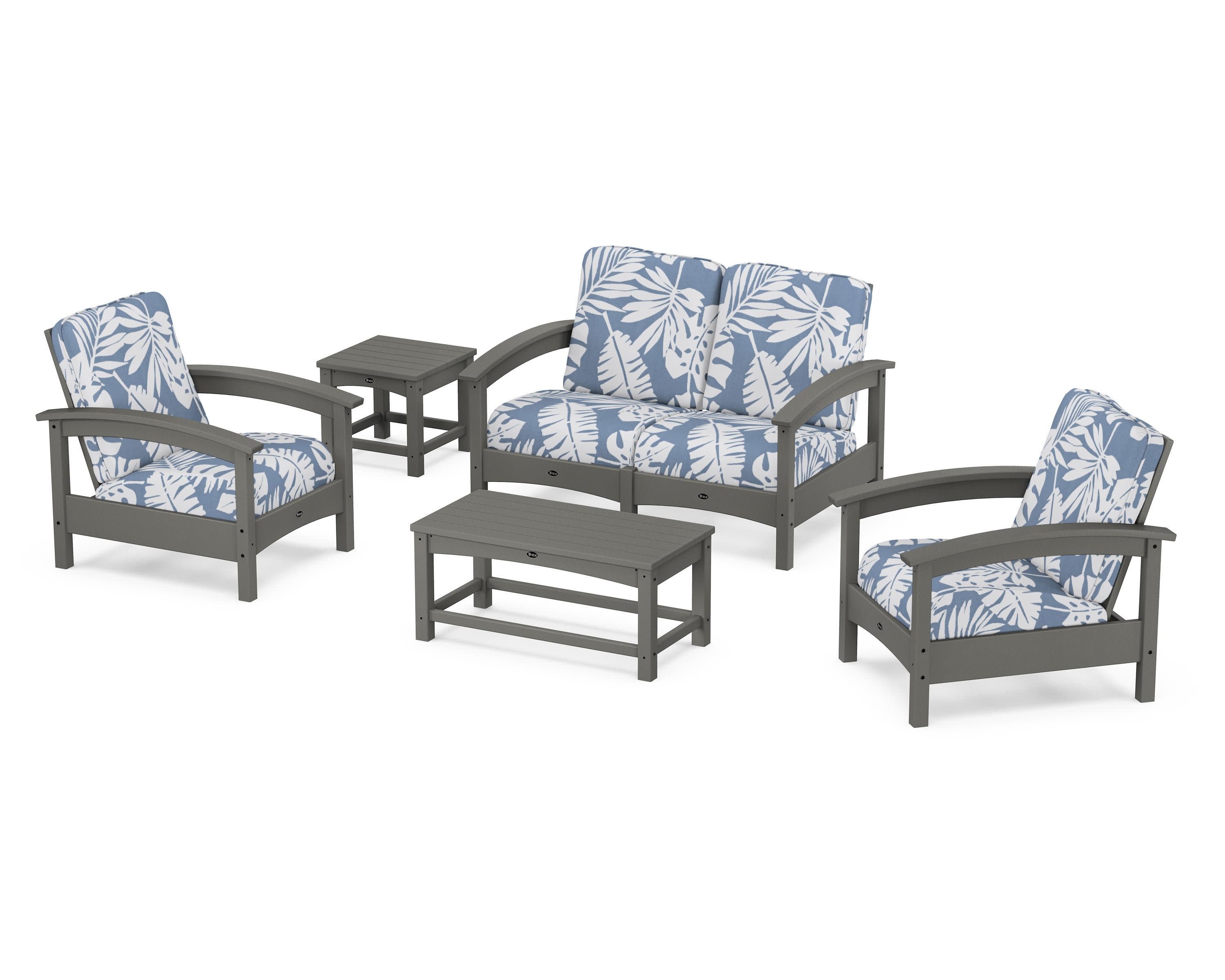 Rockport Club 6-Piece Deep Seating Conversation Set in Stepping Stone / Leaf Sky Blue