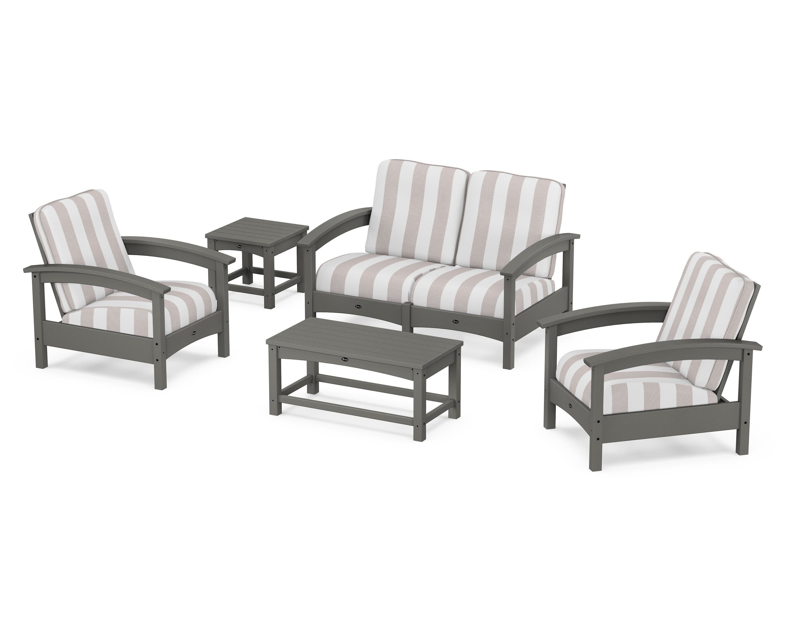 Rockport Club 6-Piece Deep Seating Conversation Set in Stepping Stone / Cabana Stripe Dune Burlap