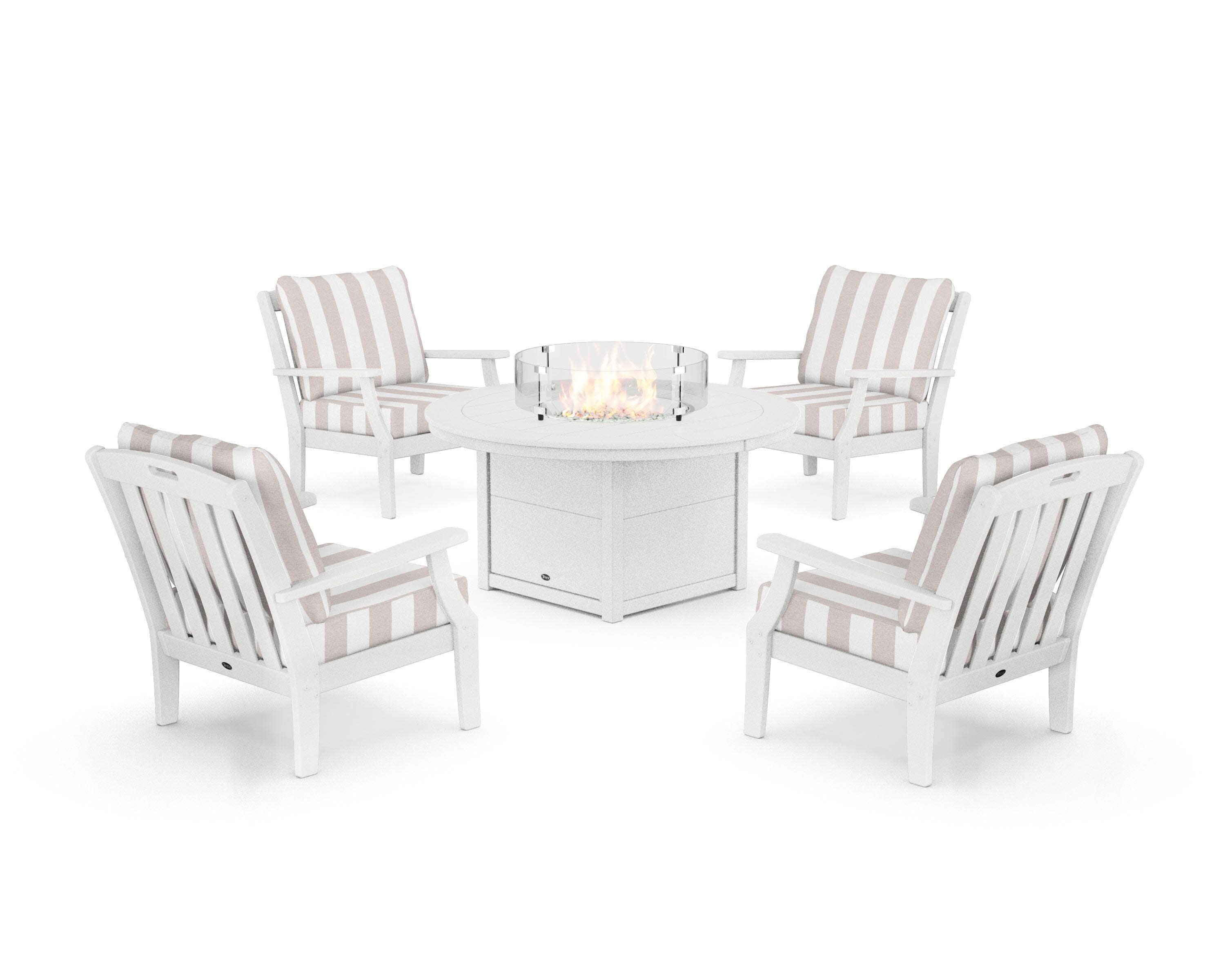 Yacht Club 5-Piece Deep Seating Set with Round Fire Pit Table in Classic White / Cabana Stripe Dune Burlap