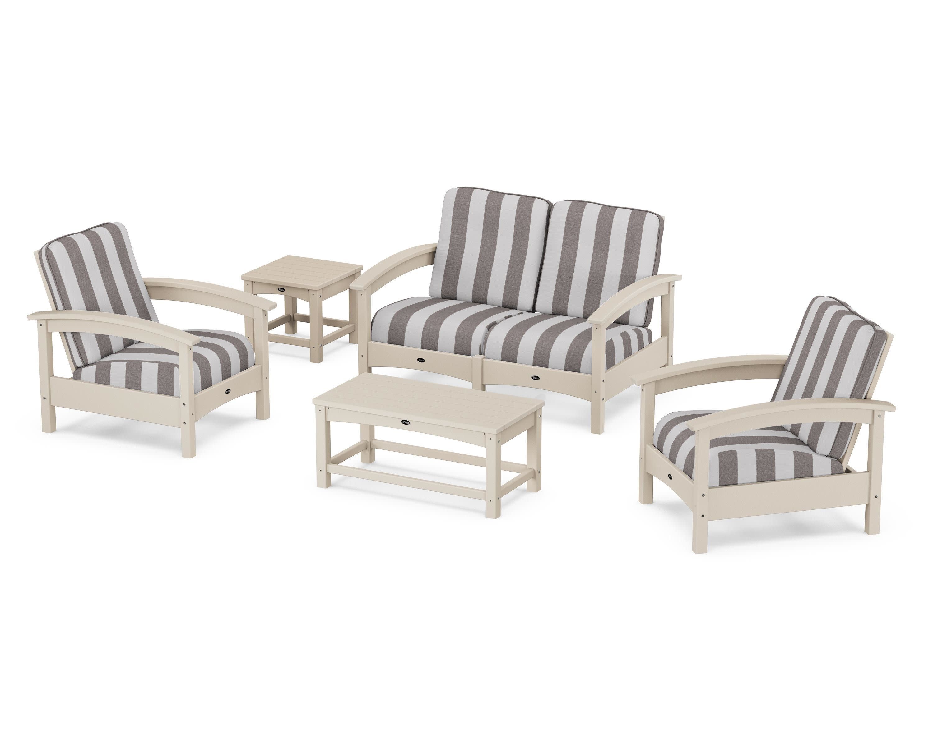 Rockport Club 6-Piece Deep Seating Conversation Set in Sand Castle / Cabana Stripe Grey Mist