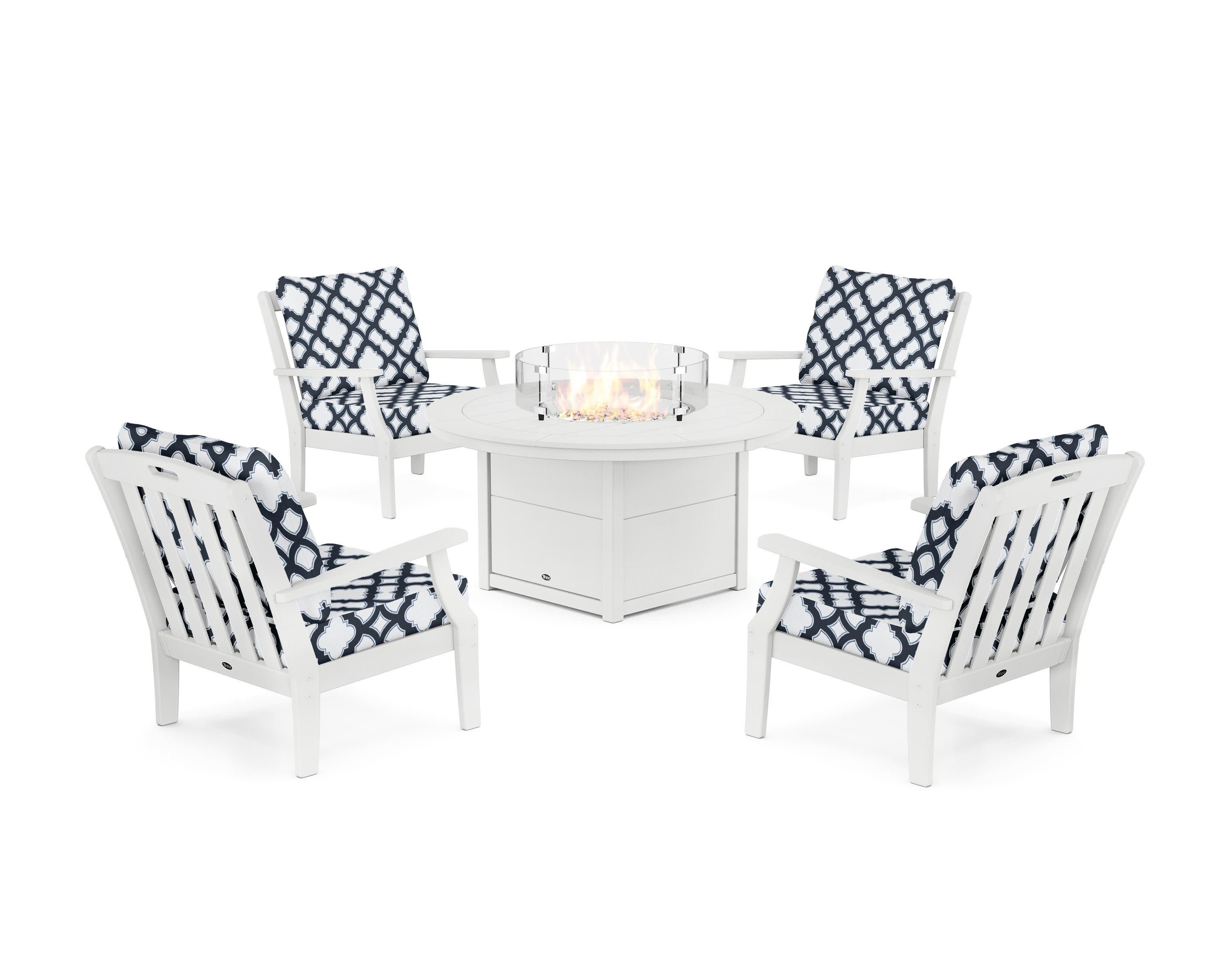 Yacht Club 5-Piece Deep Seating Set with Round Fire Pit Table in Classic White / Trellis Marine Indigo