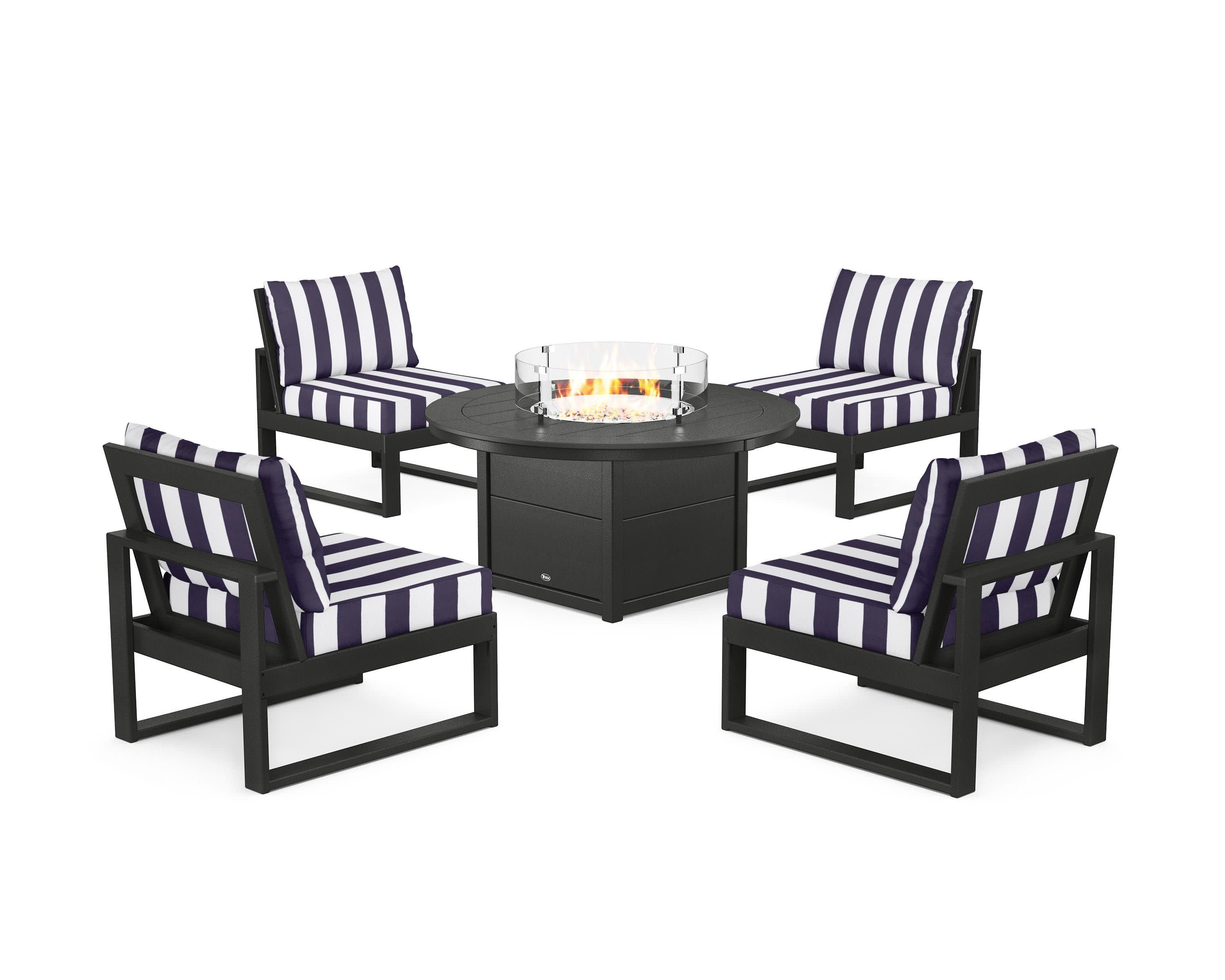 Eastport Modular 5-Piece Deep Seating Set with Round Fire Pit Table in Charcoal Black / Cabana Stripe Navy