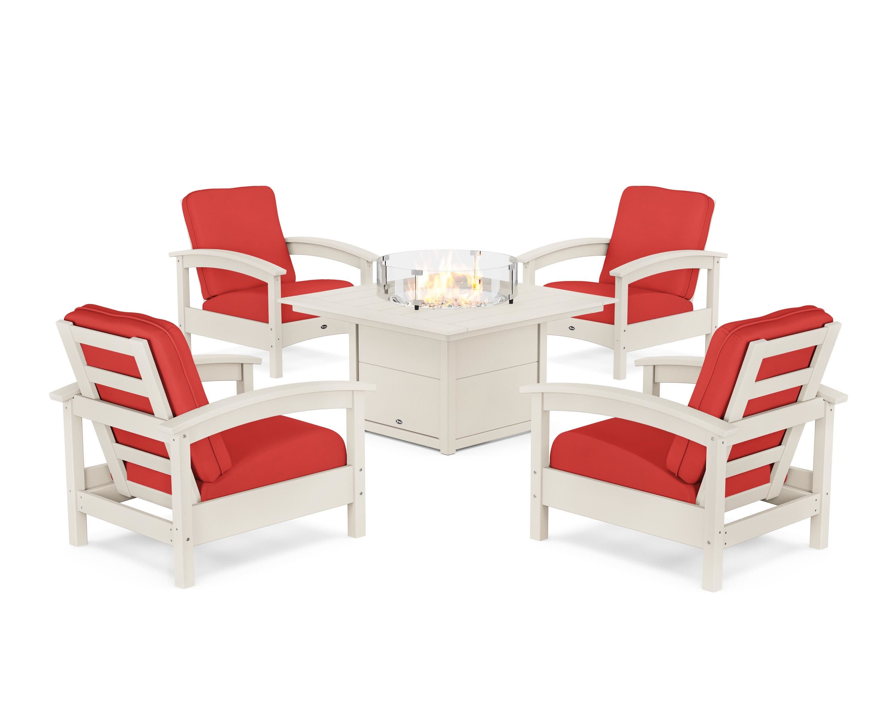 Rockport 5-Piece Deep Seating Set with Square Fire Pit Table in Sand Castle / Crimson Linen