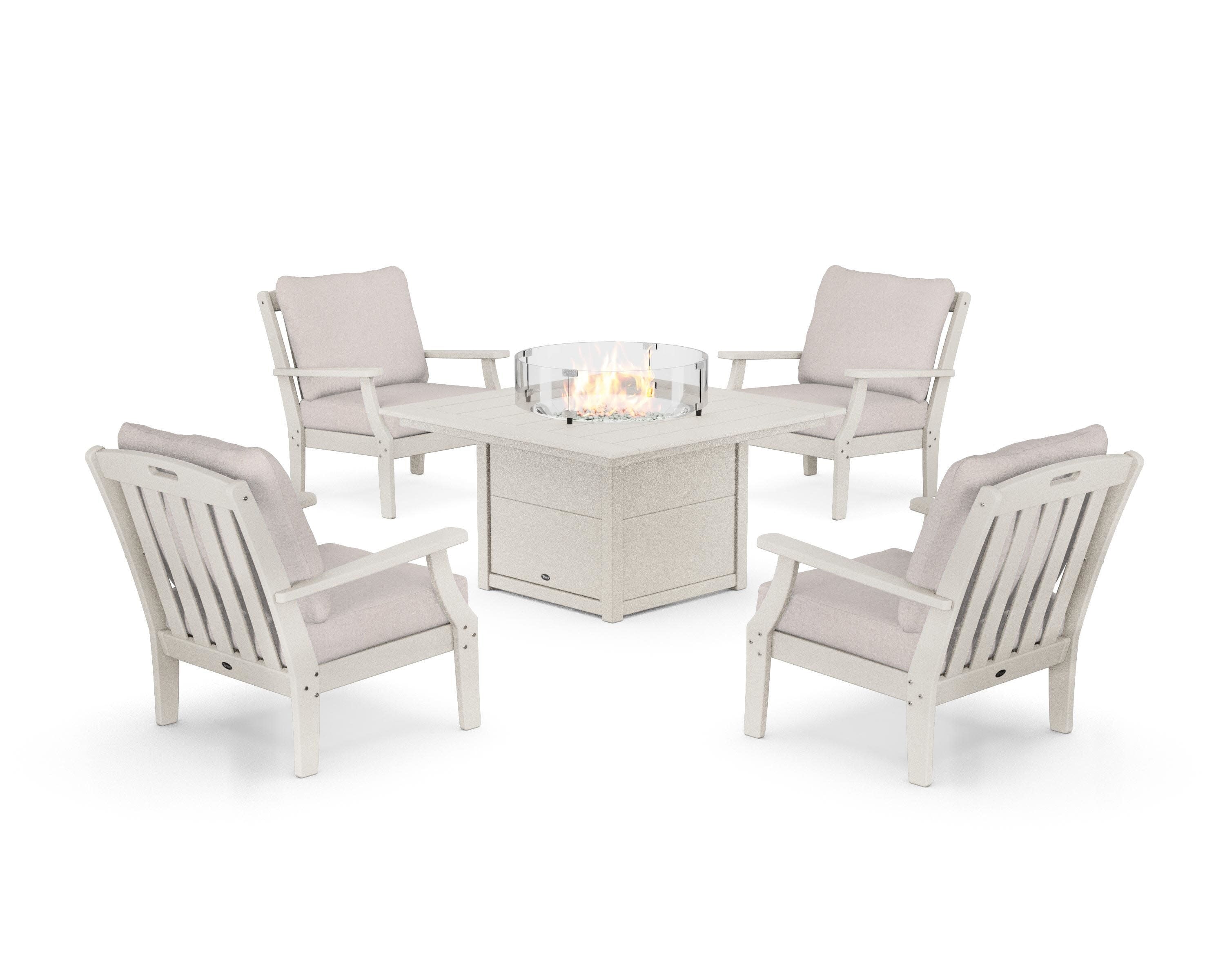 Yacht Club 5-Piece Deep Seating Set with Square Fire Pit Table in Sand Castle / Dune Burlap