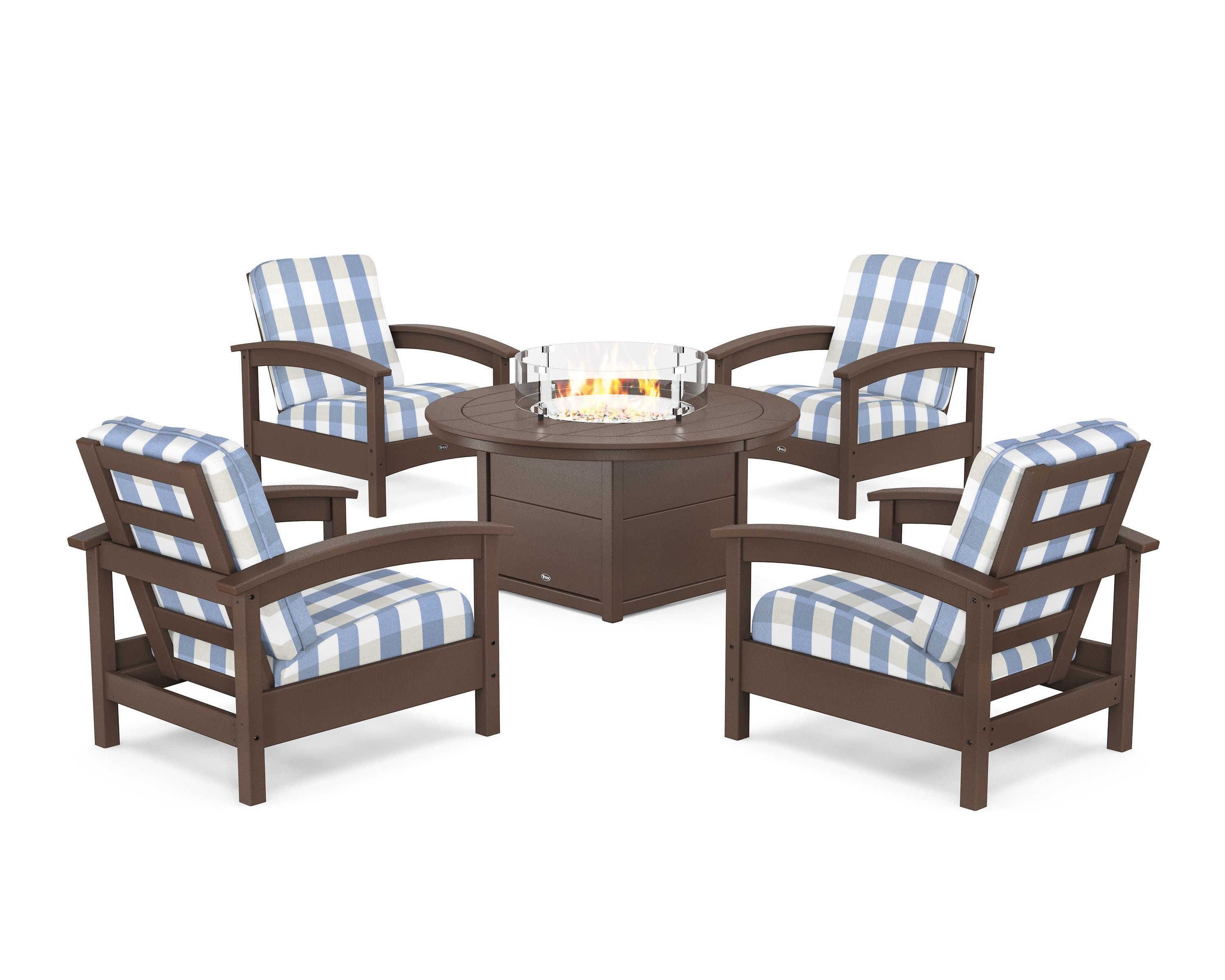 Rockport 5-Piece Deep Seating Set with Round Fire Pit Table in Vintage Lantern / Buffalo Plaid Sky Blue