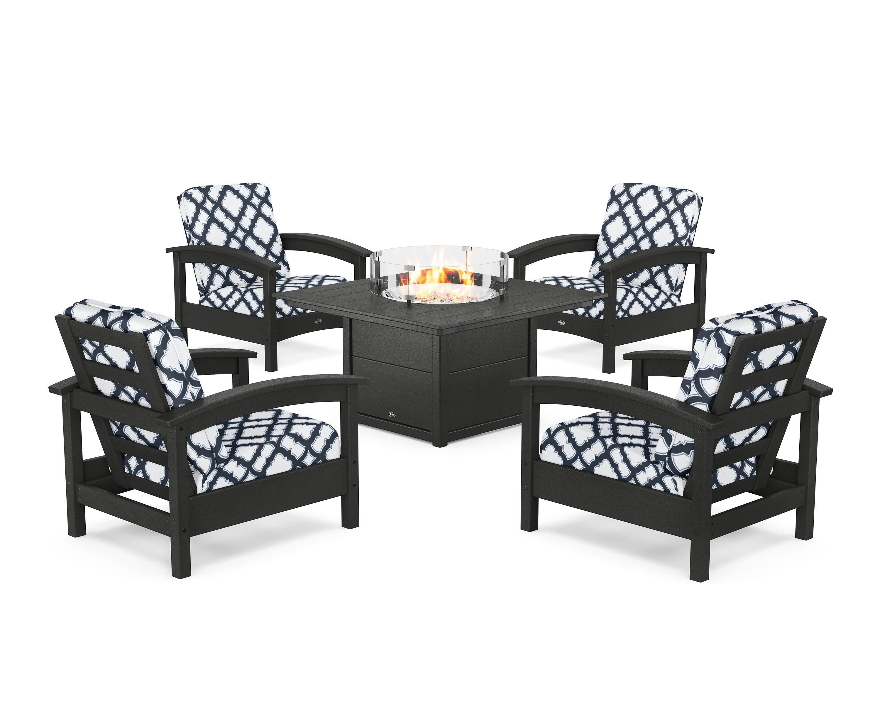 Rockport 5-Piece Deep Seating Set with Square Fire Pit Table in Charcoal Black / Trellis Marine Indigo