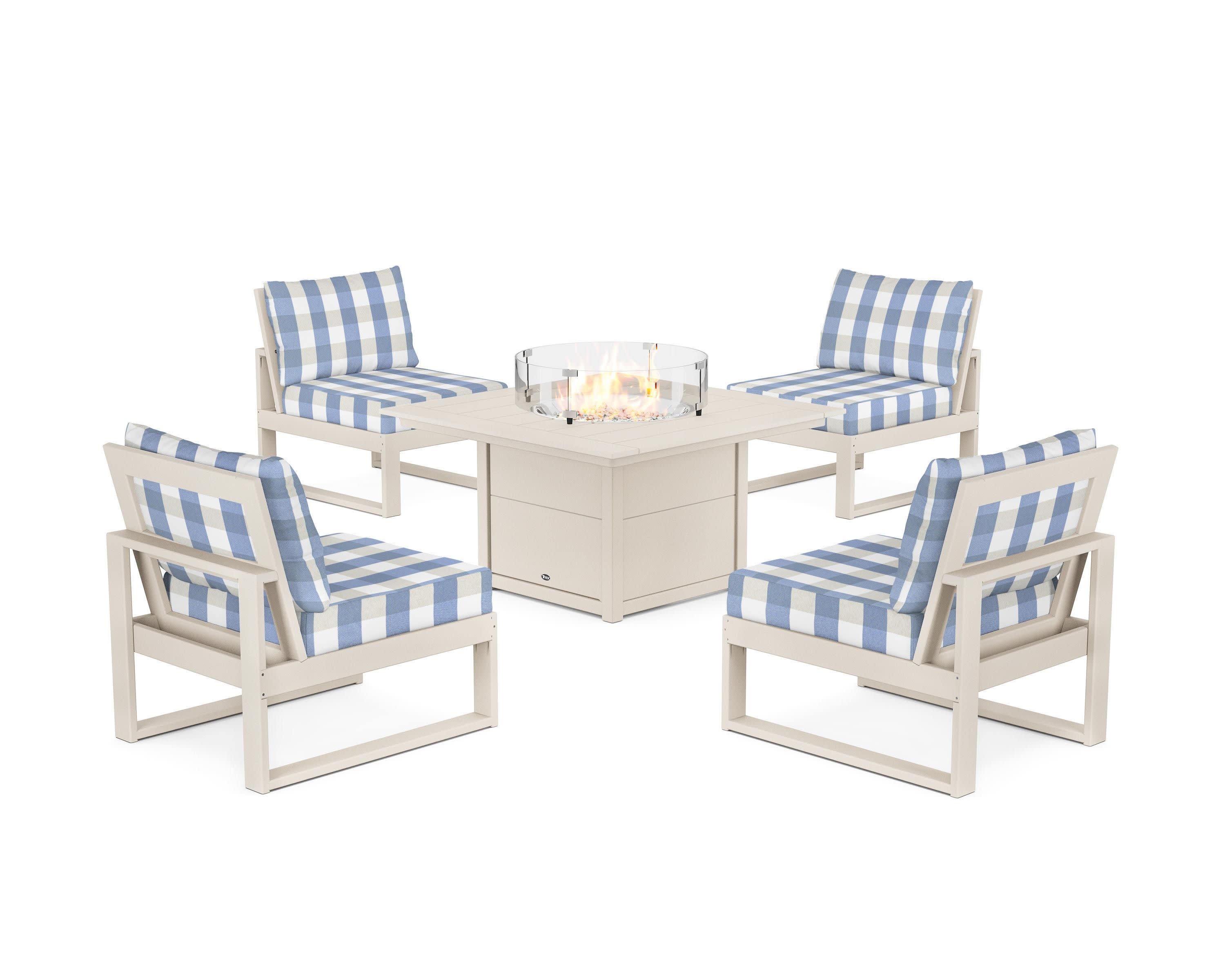 Eastport Modular 5-Piece Deep Seating Set with Square Fire Pit Table in Sand Castle / Buffalo Plaid Sky Blue