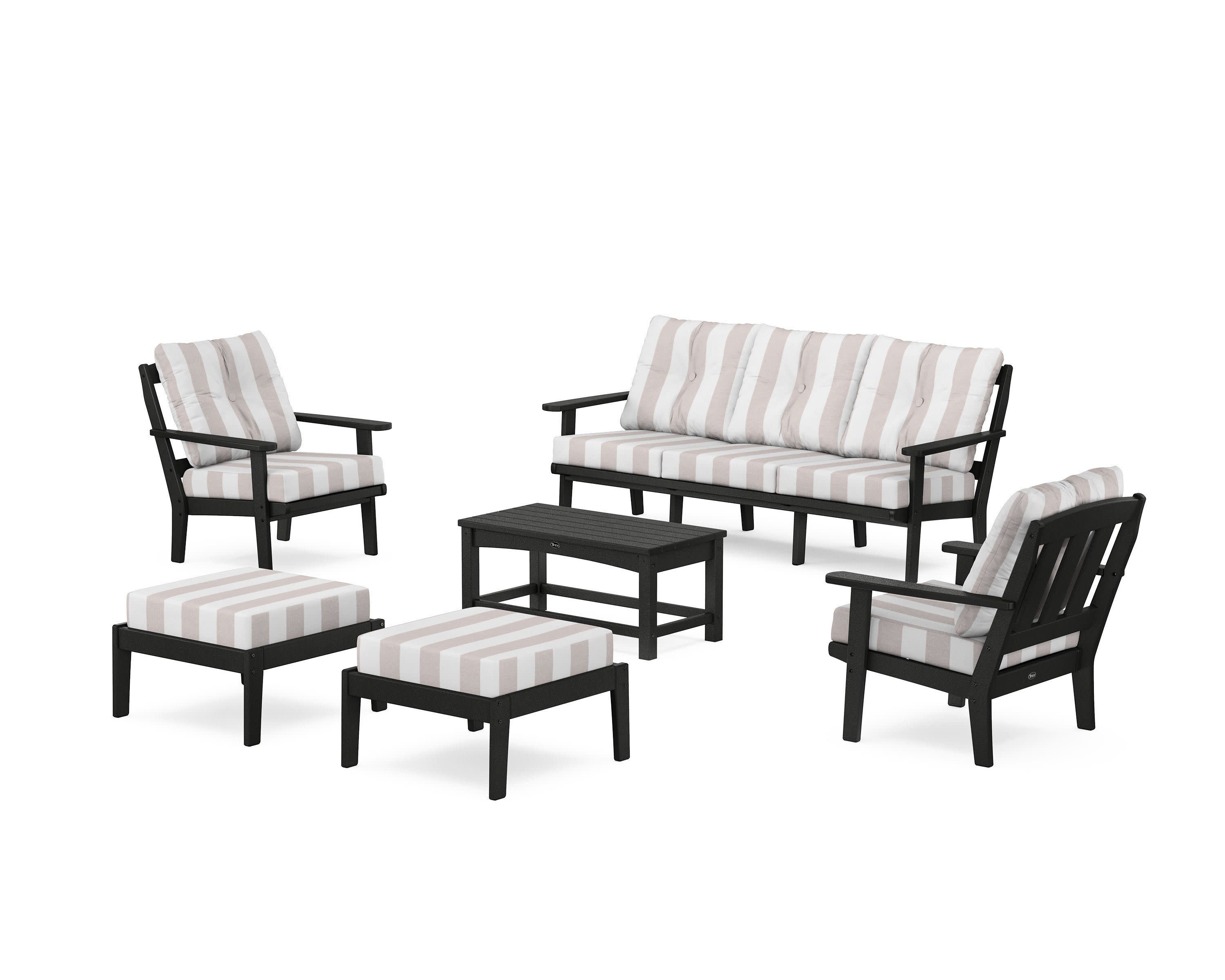 Cape Cod 6-Piece Lounge Sofa Set in Charcoal Black / Cabana Stripe Dune Burlap