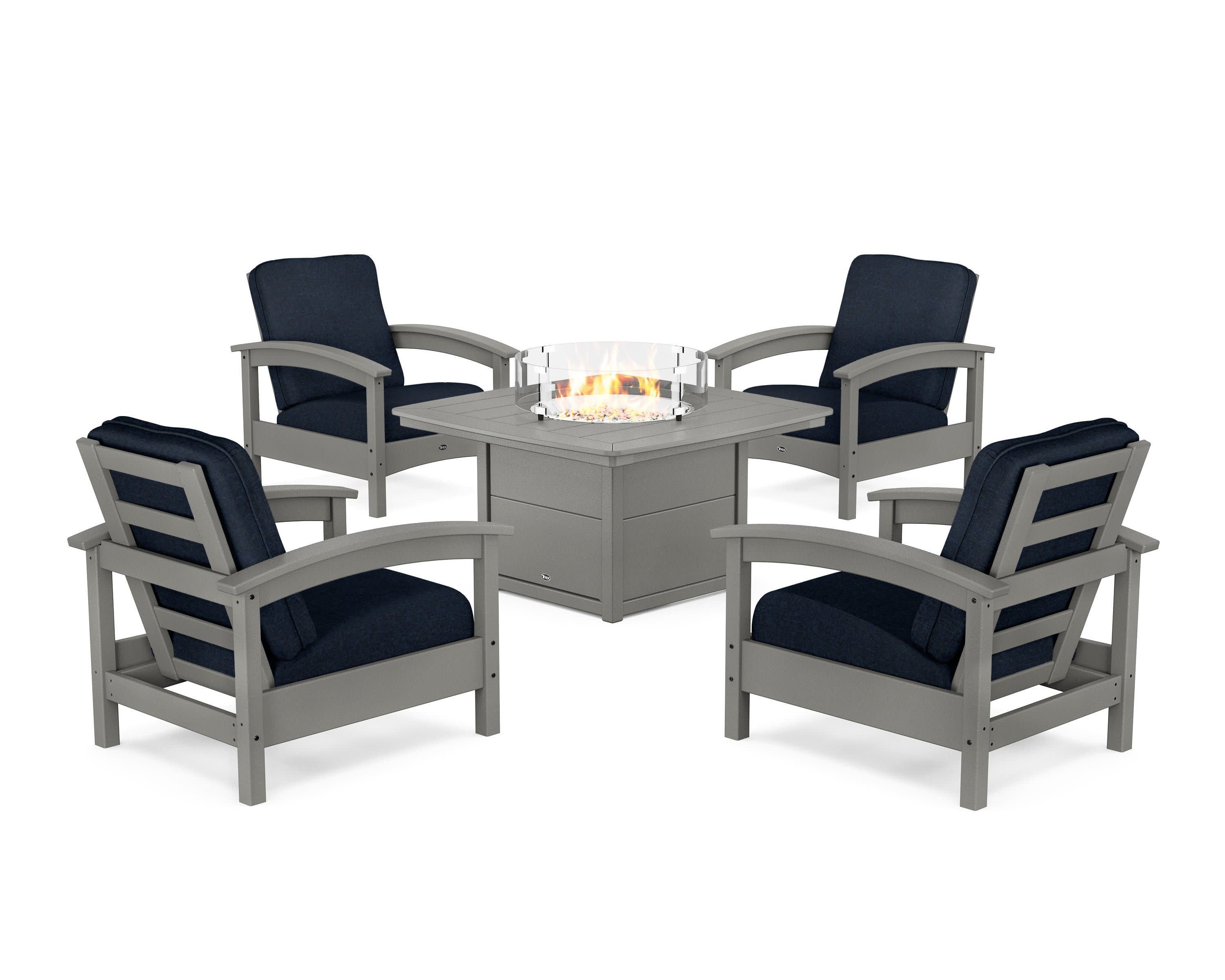 Rockport 5-Piece Deep Seating Set with Yacht Club Fire Pit Table in Stepping Stone / Marine Indigo