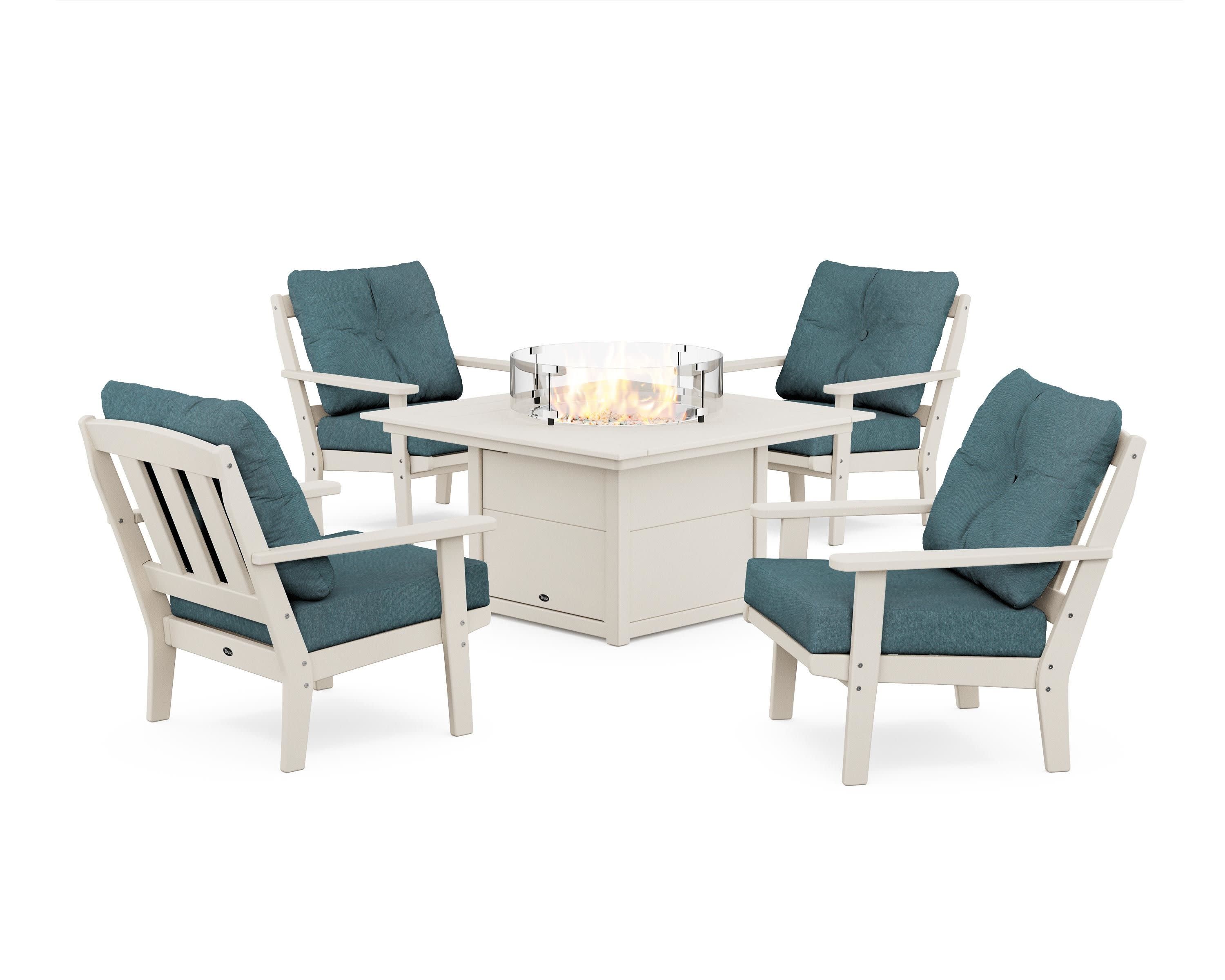 Cape Cod 5-Piece Deep Seating Set with Fire Pit Table in Sand Castle / Ocean Teal