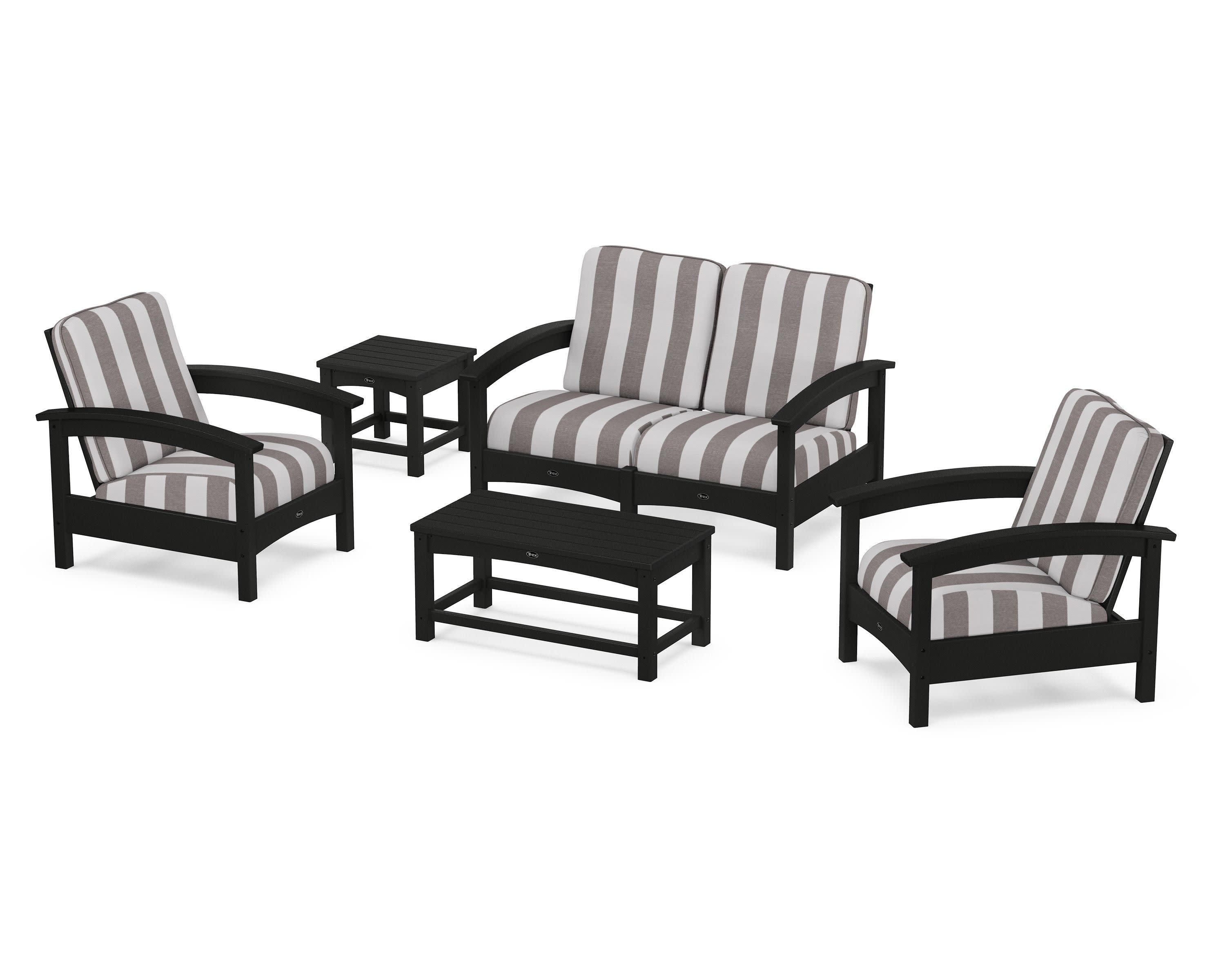 Rockport Club 6-Piece Deep Seating Conversation Set in Charcoal Black / Cabana Stripe Grey Mist
