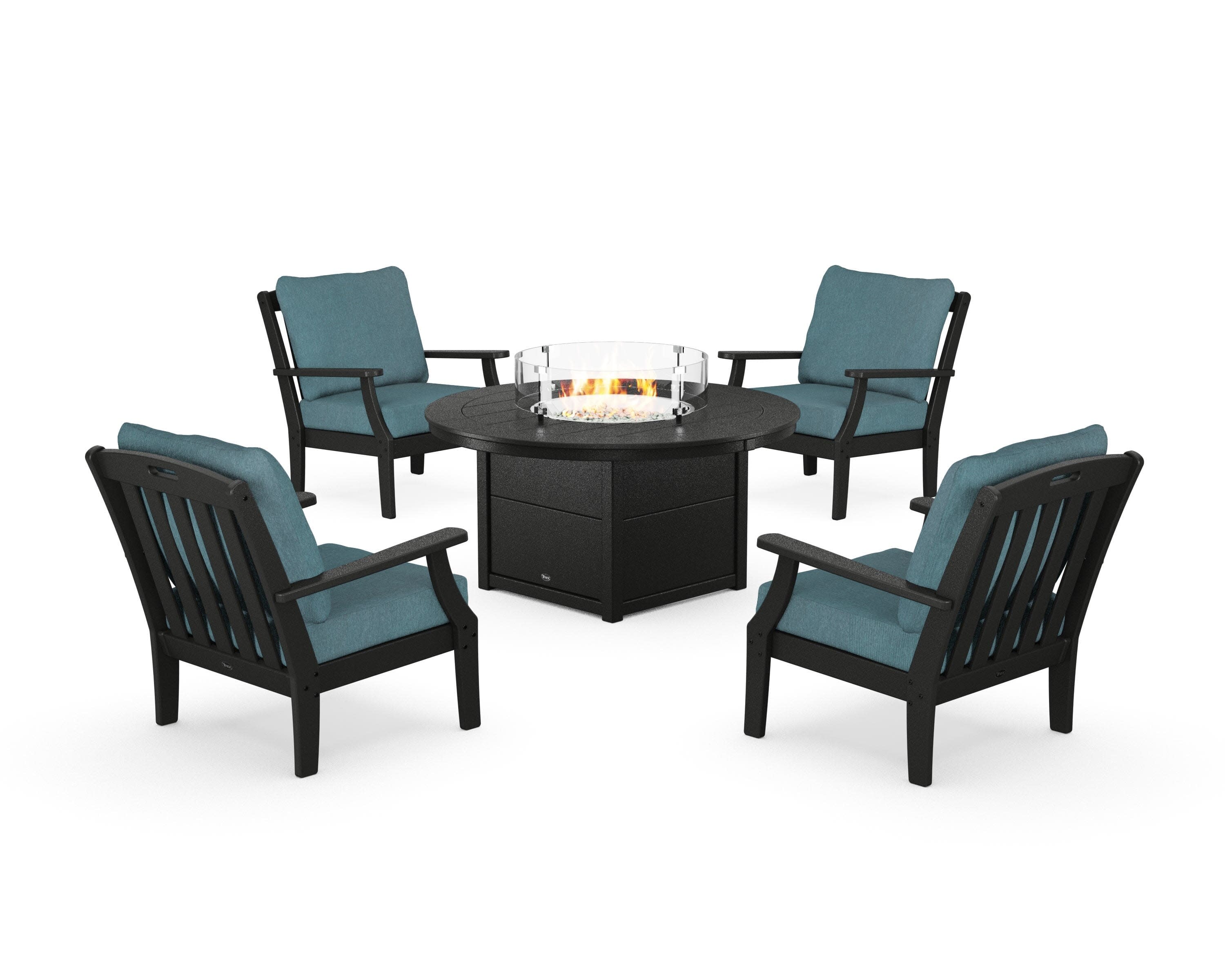 Yacht Club 5-Piece Deep Seating Set with Round Fire Pit Table in Charcoal Black / Ocean Teal