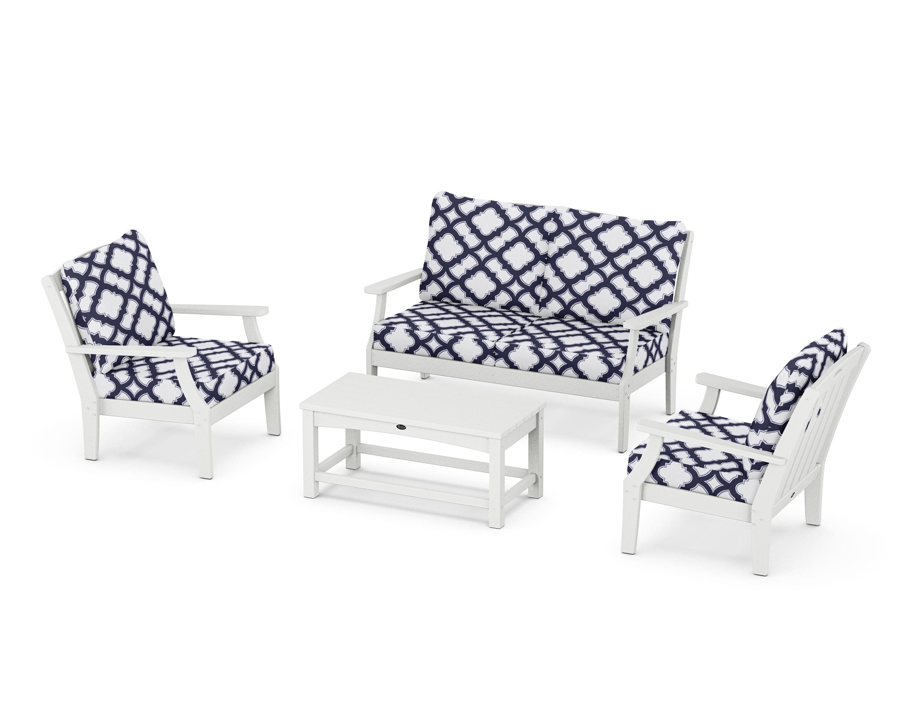 Yacht Club 4-Piece Deep Seating Chair Set in Classic White / Trellis Navy