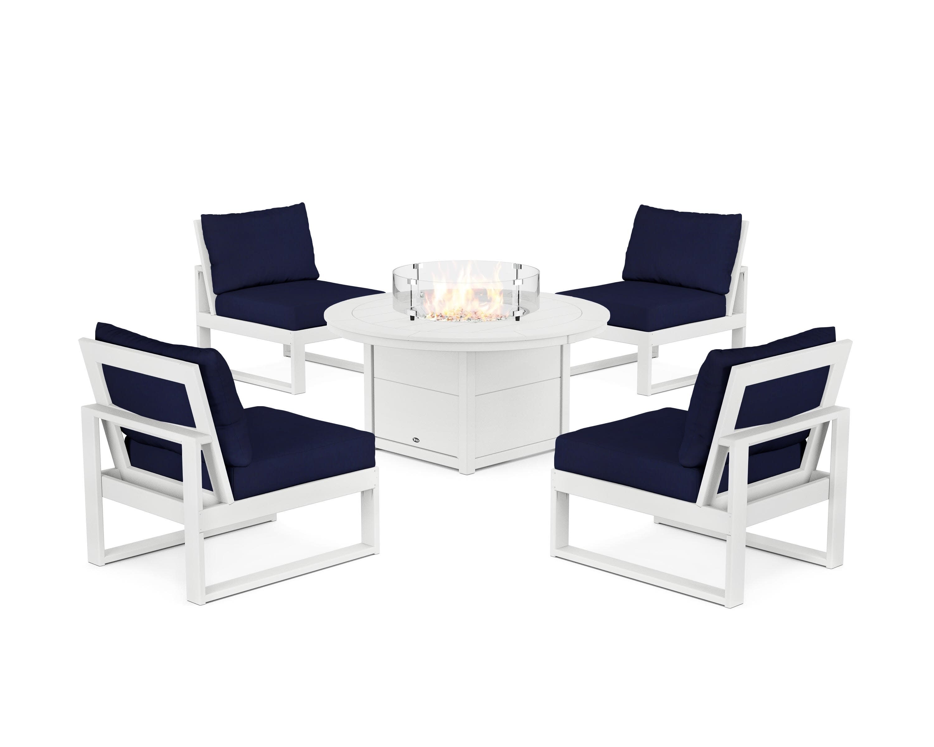 Eastport Modular 5-Piece Deep Seating Set with Round Fire Pit Table in Classic White / Navy