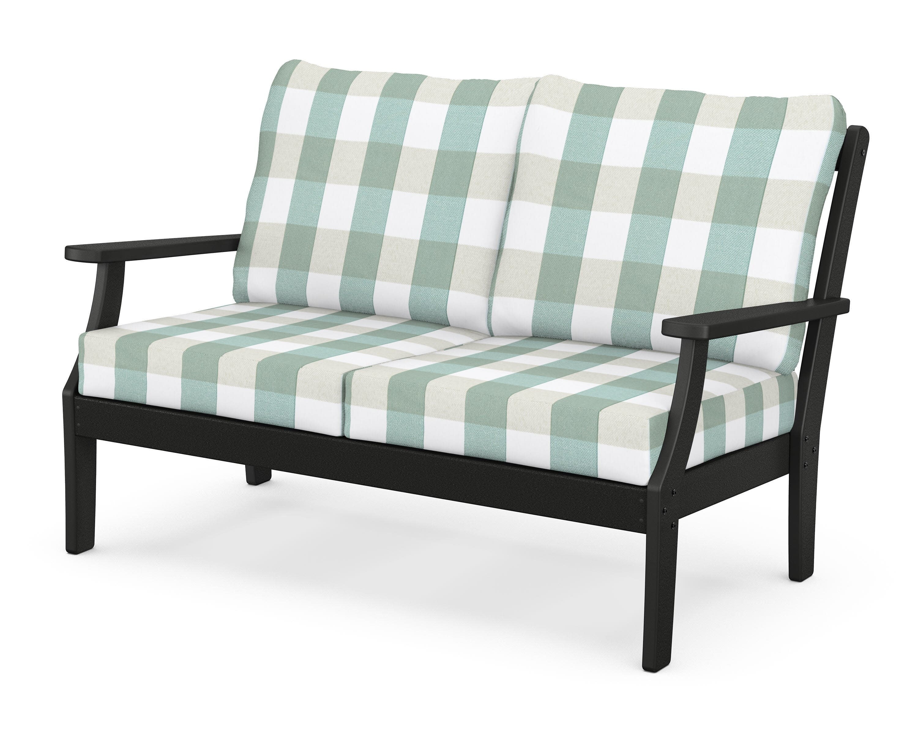 Yacht Club Deep Seating Loveseat in Charcoal Black / Buffalo Plaid Glacier Spa