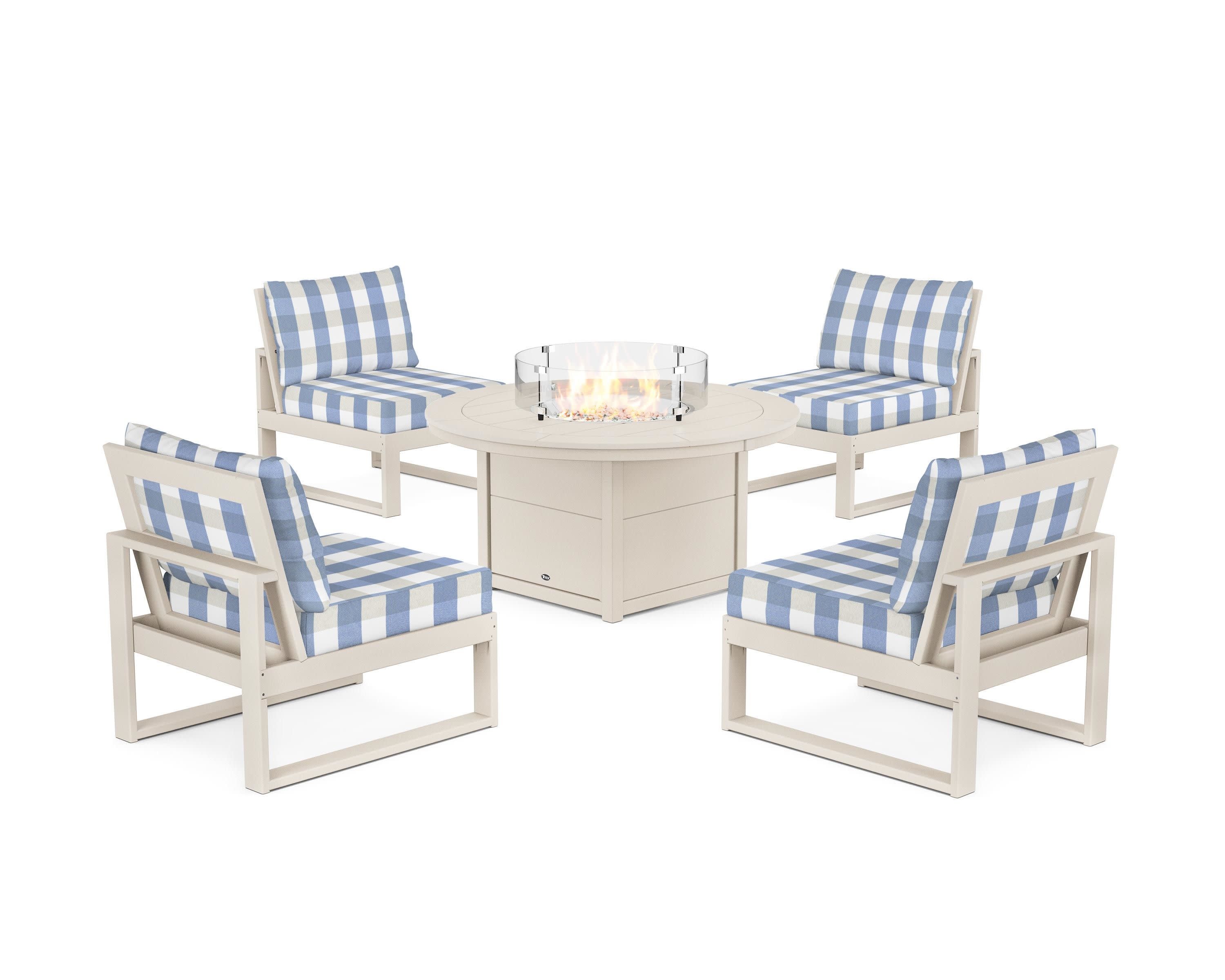 Eastport Modular 5-Piece Deep Seating Set with Round Fire Pit Table in Sand Castle / Buffalo Plaid Sky Blue