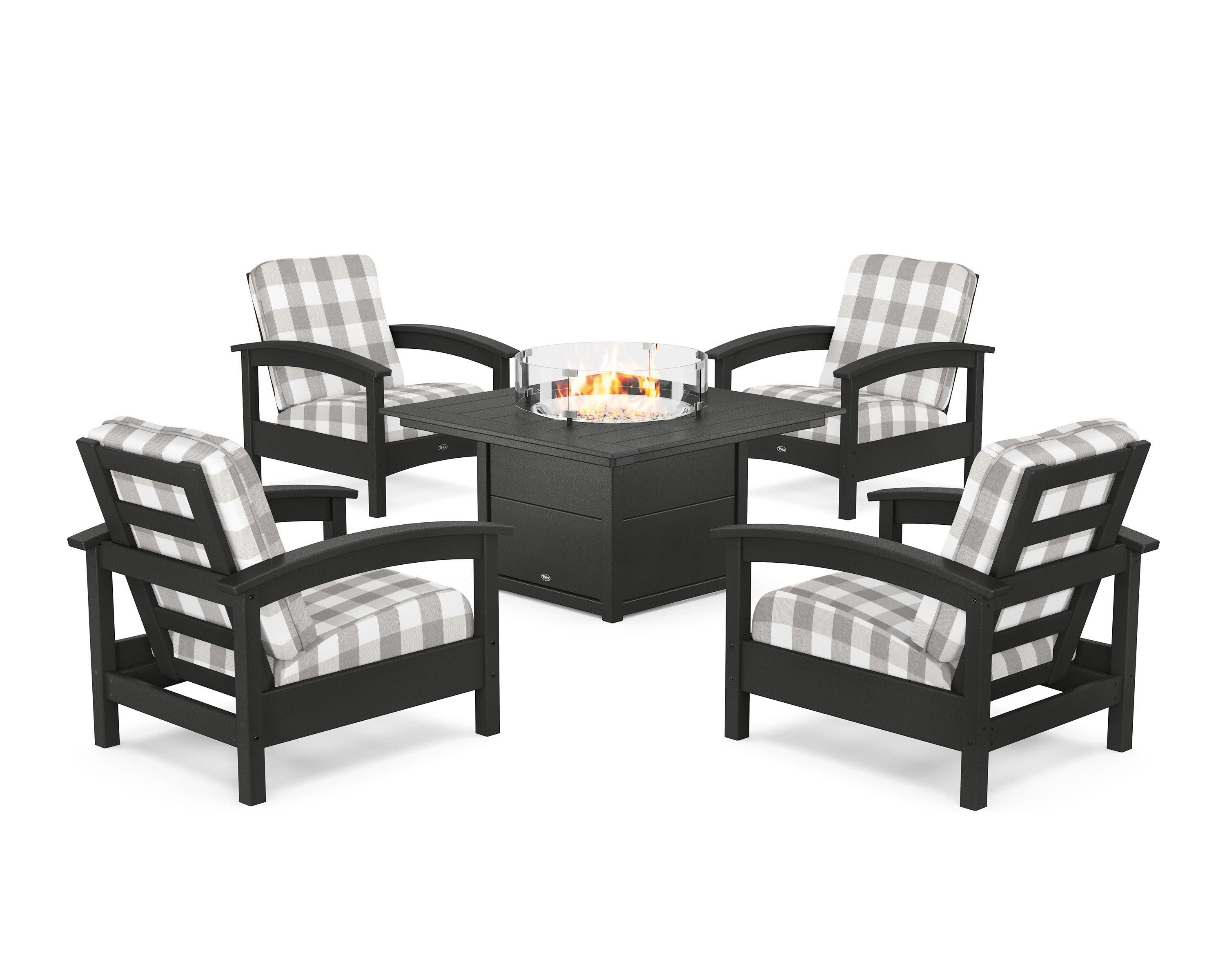 Rockport 5-Piece Deep Seating Set with Square Fire Pit Table in Charcoal Black / Buffalo Plaid Grey Mist