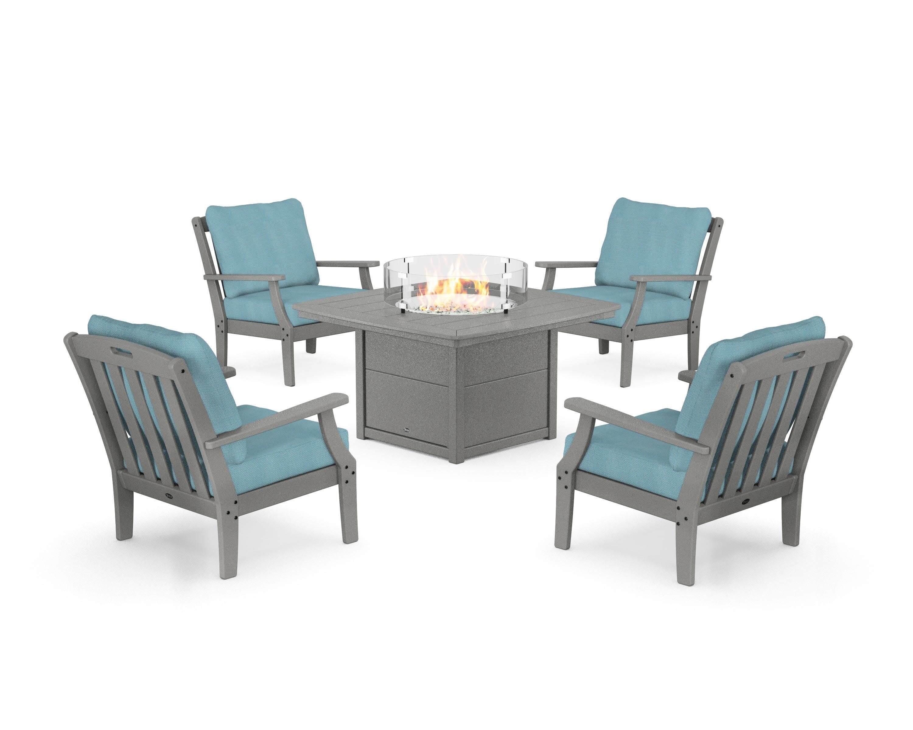 Yacht Club 5-Piece Deep Seating Set with Fire Pit Table in Stepping Stone / Lattice Sky Blue