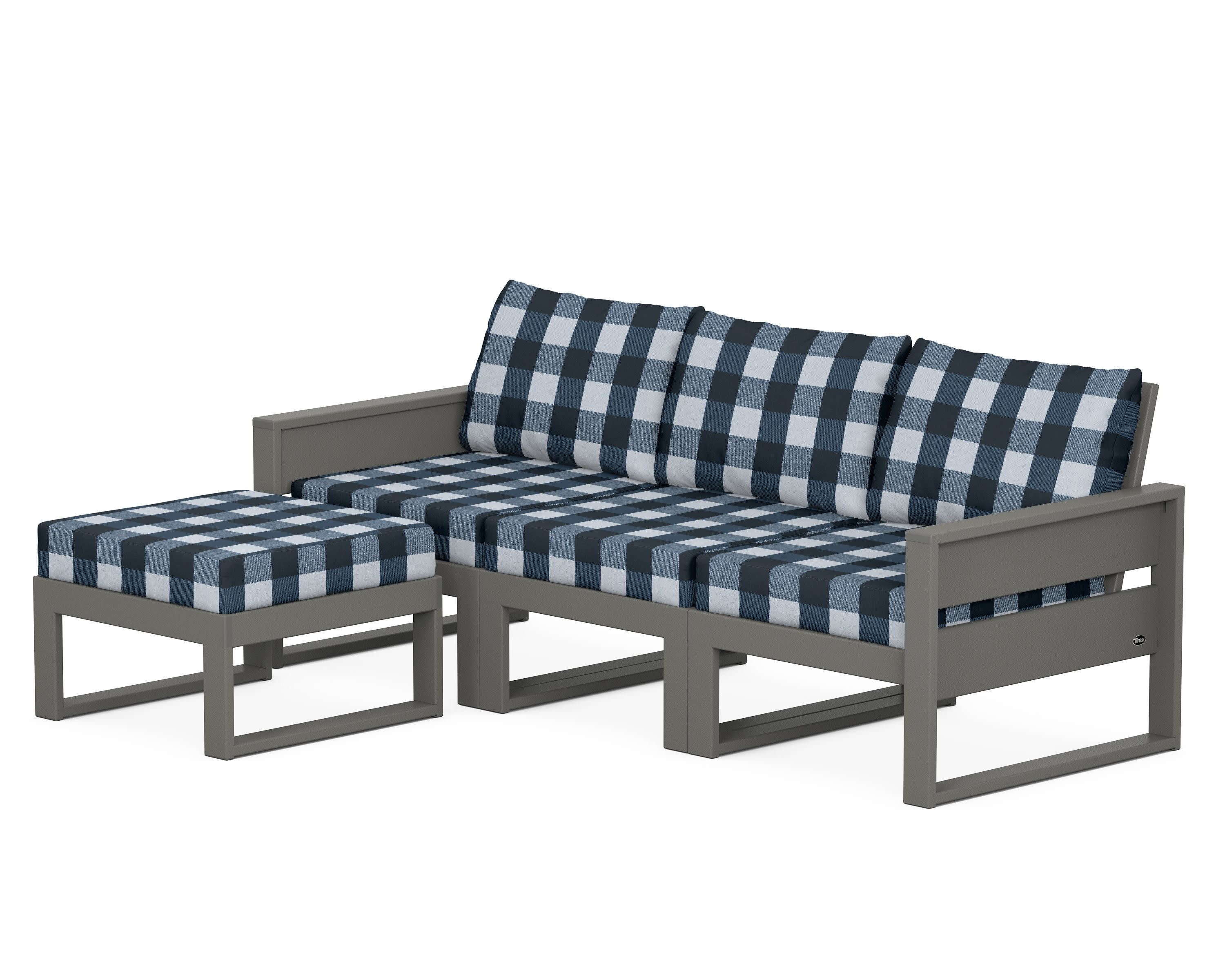Eastport 4- Piece Sectional with Ottoman in Stepping Stone / Buffalo Plaid Marine Indigo