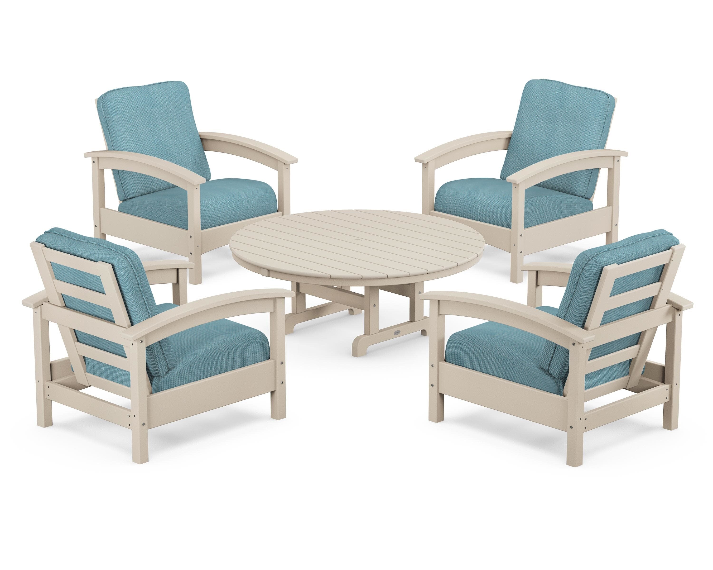 Rockport 5-Piece Deep Seating Set in Sand Castle / Lattice Sky Blue