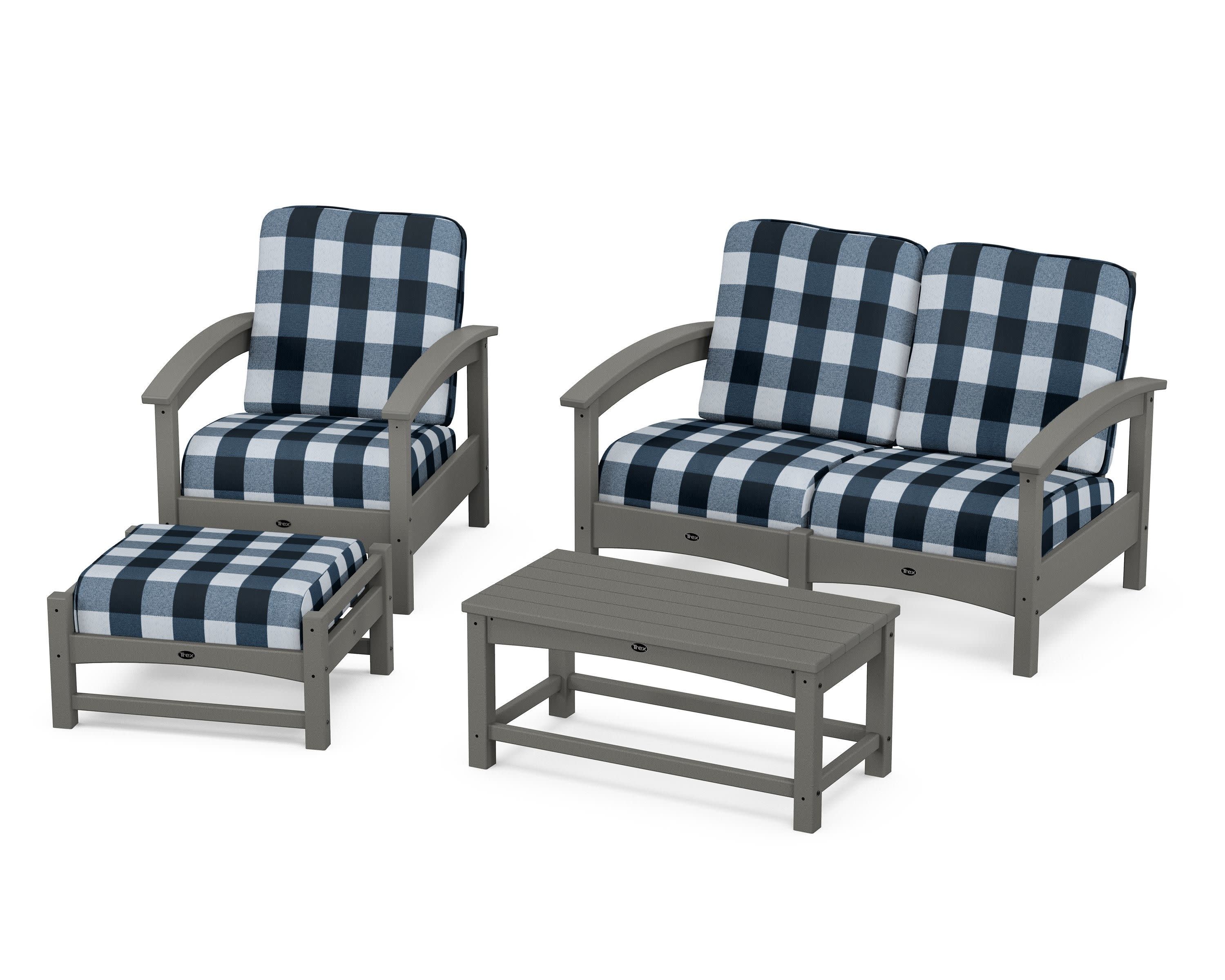 Rockport 4-Piece Deep Seating Conversation Group in Stepping Stone / Buffalo Plaid Marine Indigo
