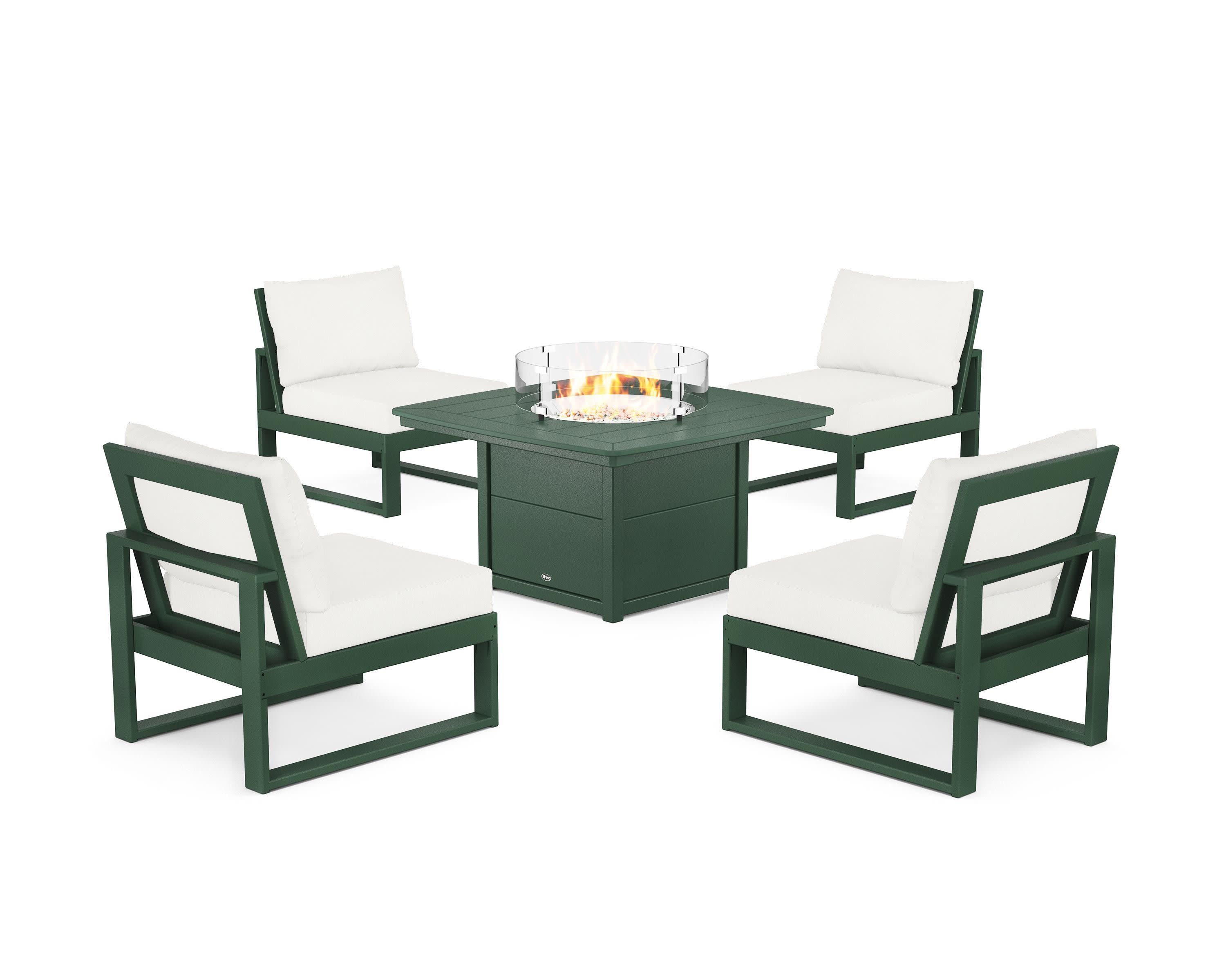 Eastport Modular 5-Piece Deep Seating Set with Yacht Club Fire Pit Table in Rainforest Canopy / Natural Linen