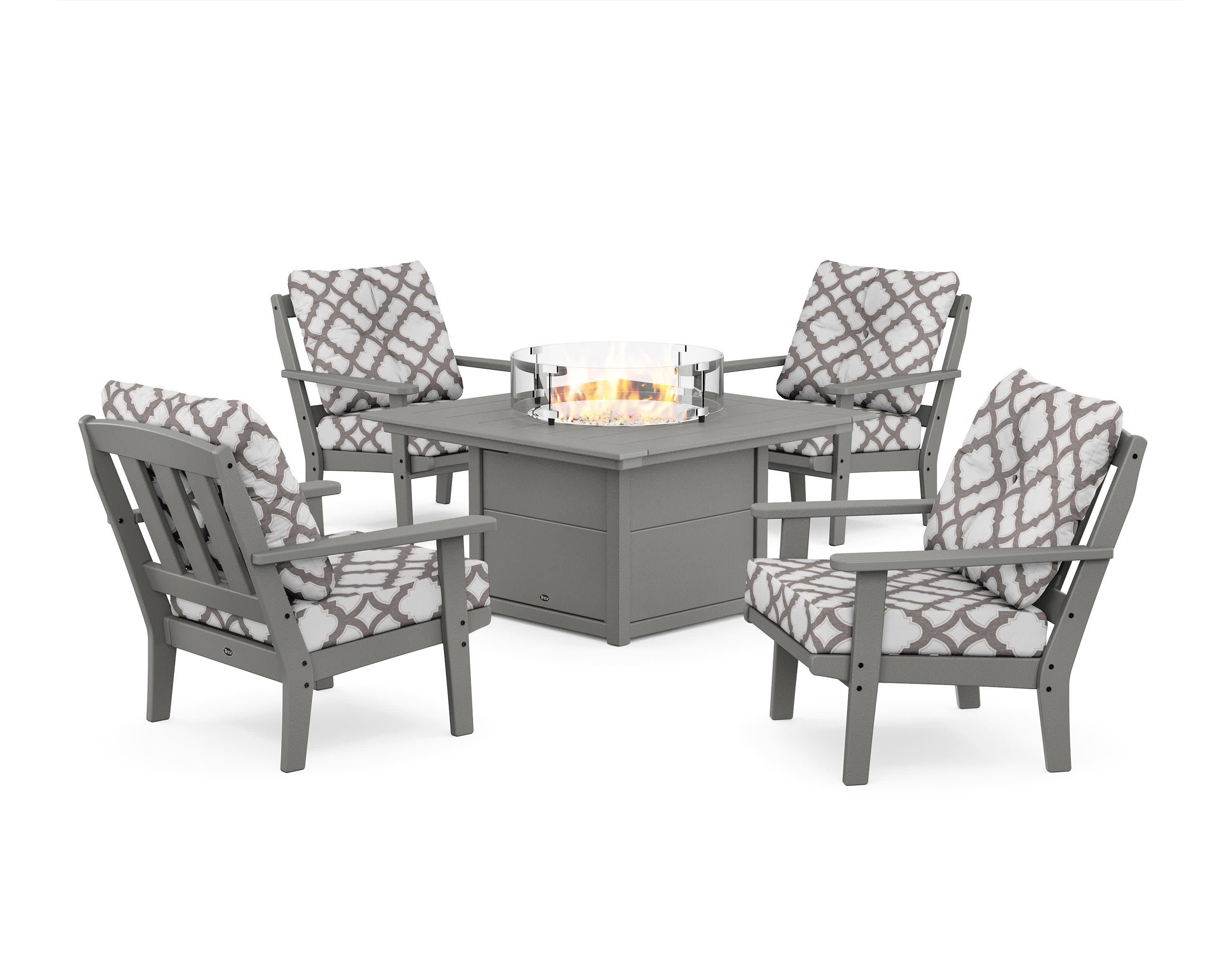 Cape Cod 5-Piece Deep Seating Set with Fire Pit Table in Stepping Stone / Trellis Grey Mist