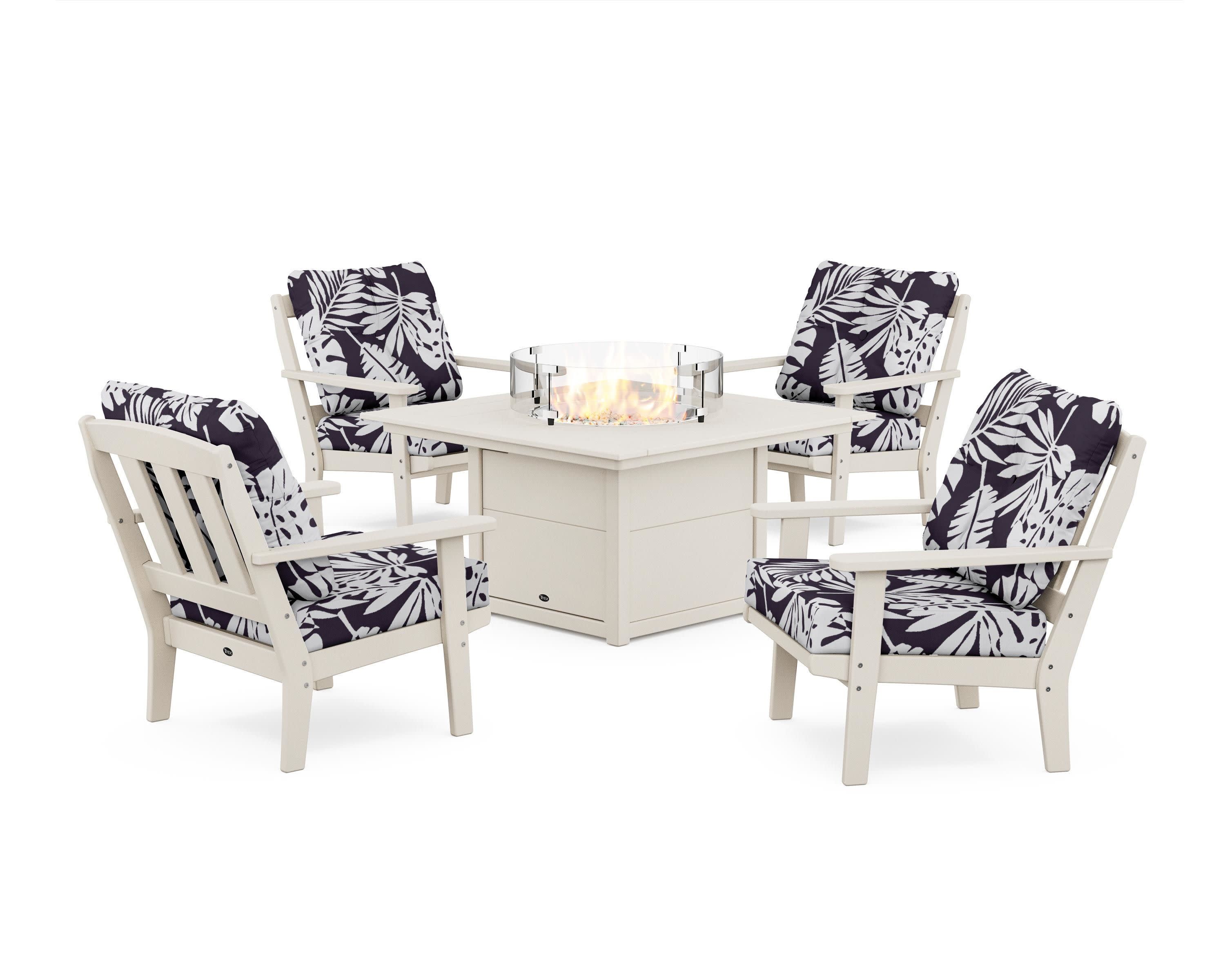 Cape Cod 5-Piece Deep Seating Set with Fire Pit Table in Sand Castle / Leaf Navy