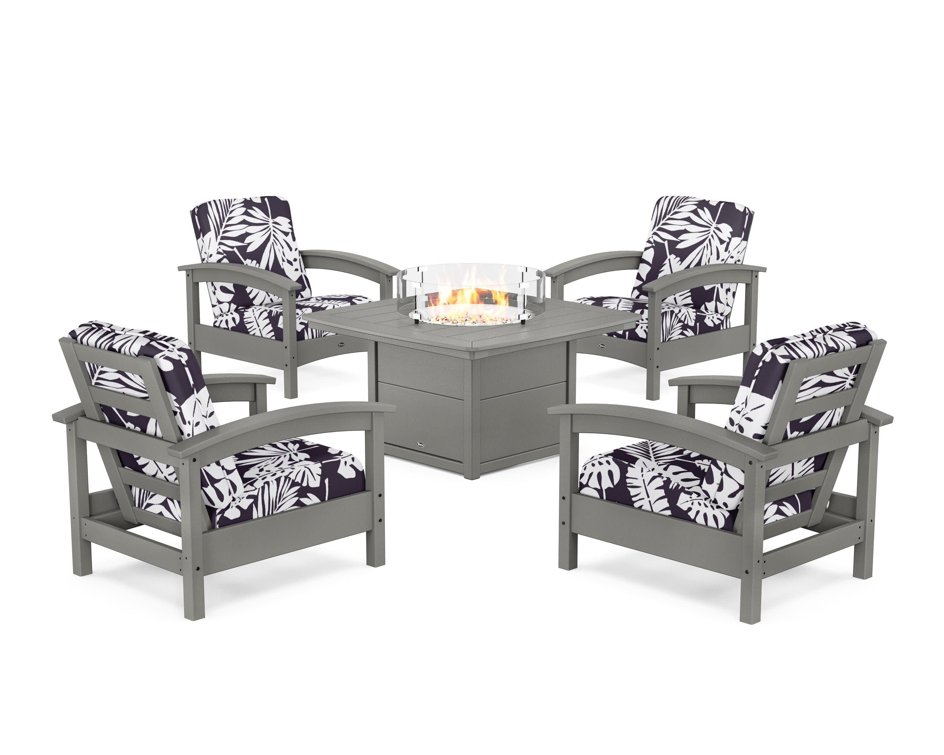 Rockport 5-Piece Deep Seating Set with Yacht Club Fire Pit Table in Stepping Stone / Leaf Navy