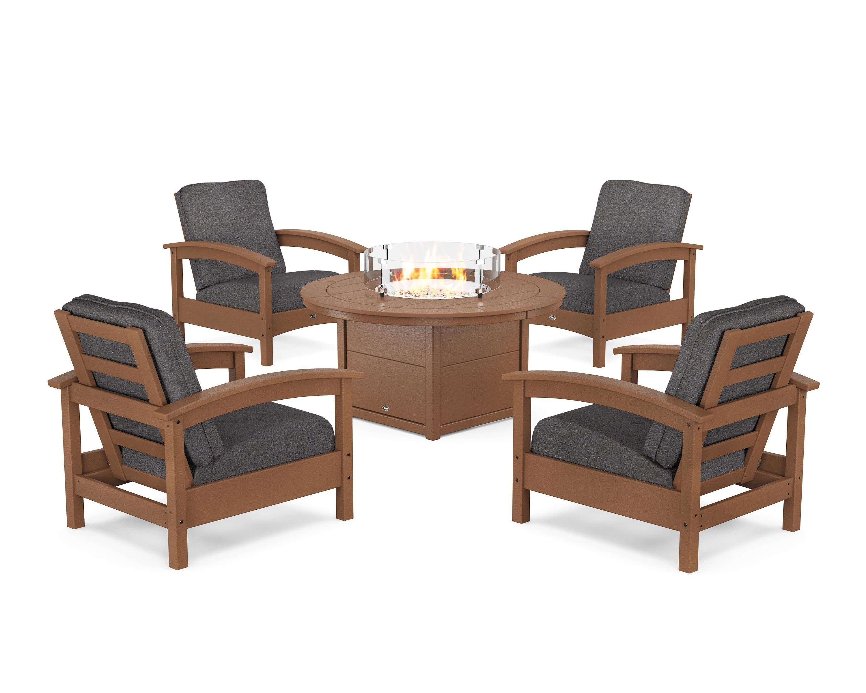 Rockport 5-Piece Deep Seating Set with Round Fire Pit Table in Tree House / Ash Charcoal